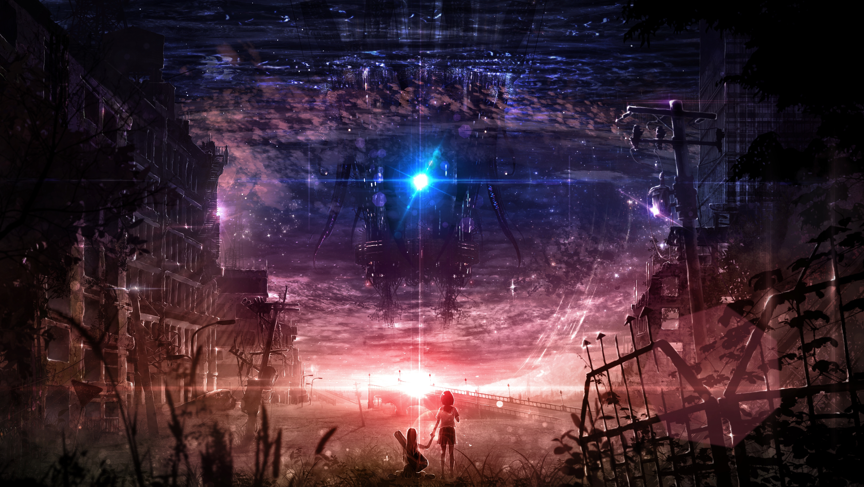 Post Apocalyptic Cityscape with Two Children and Alien Structure HD Wallpaper