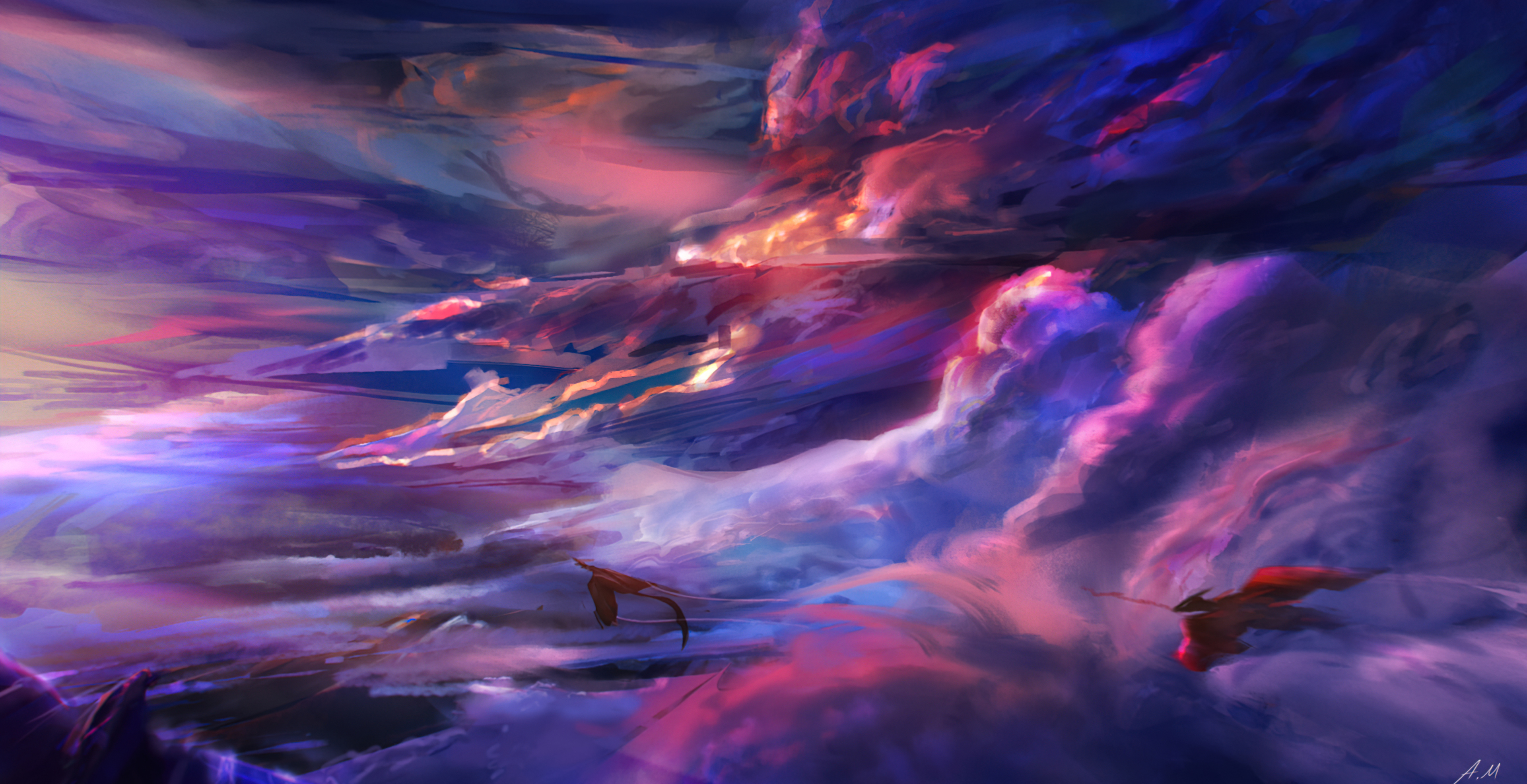 Fantasy Dragons Flying Through Colorful Clouds HD Wallpaper
