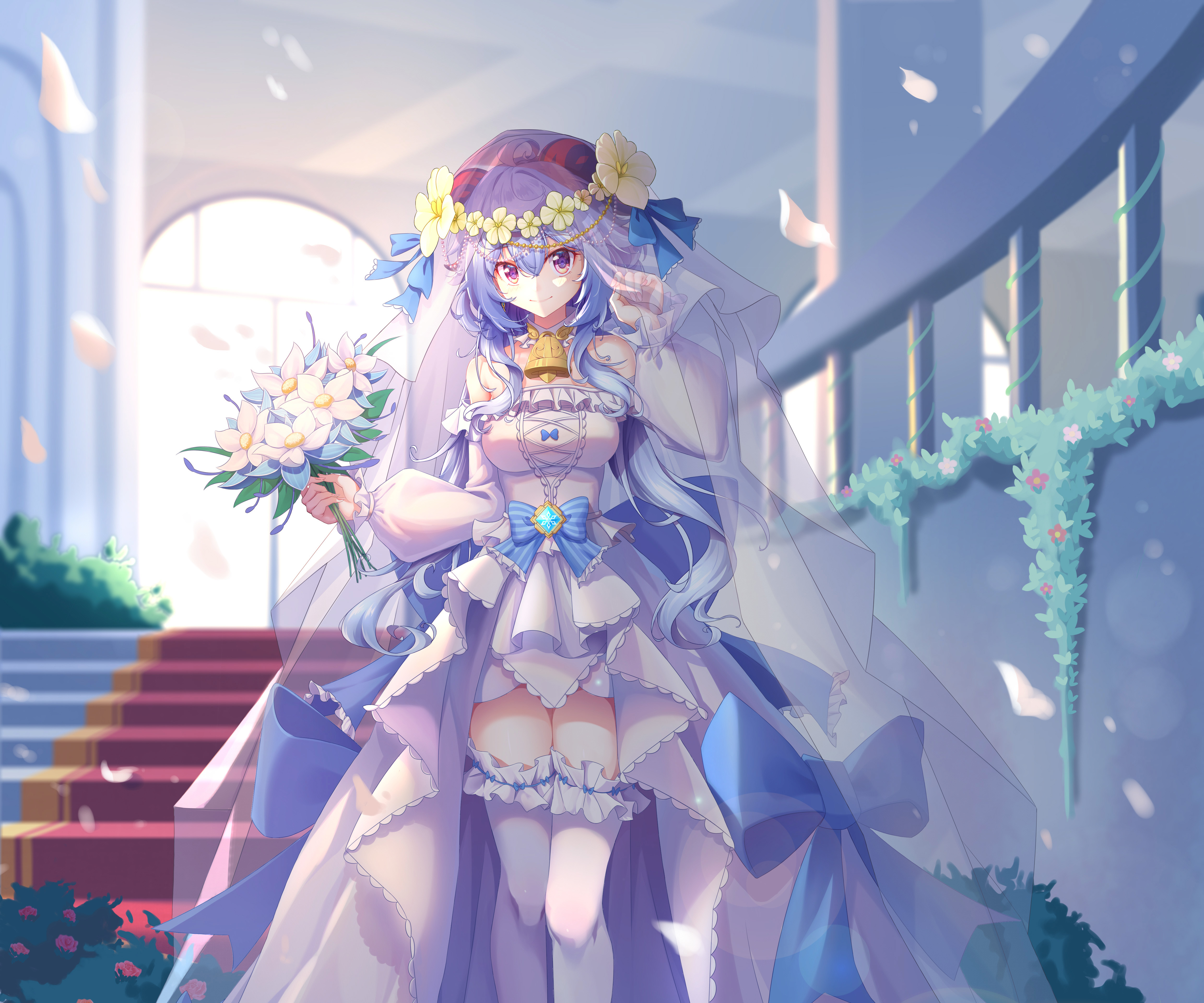 Ganyu in a wedding dress with flowers HD Wallpaper
