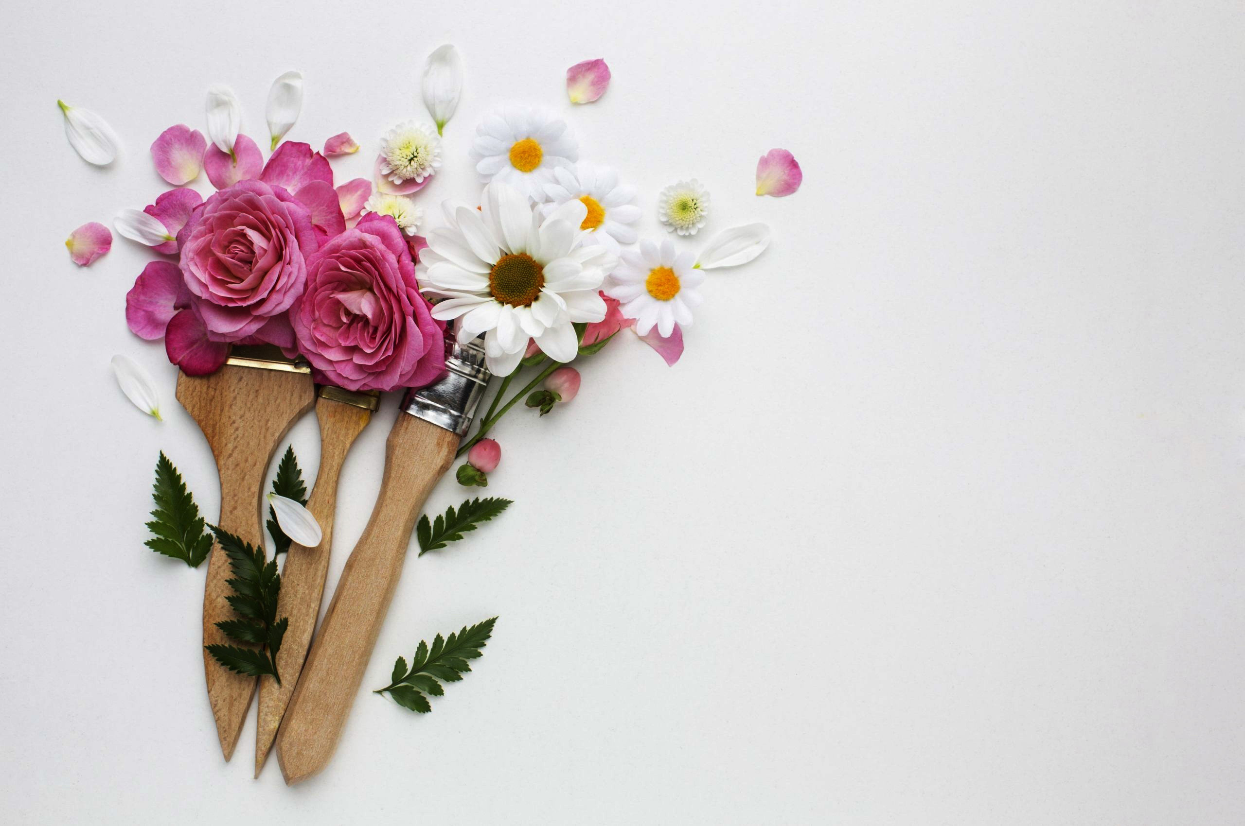 Paintbrushes with pink roses and daisies HD Wallpaper