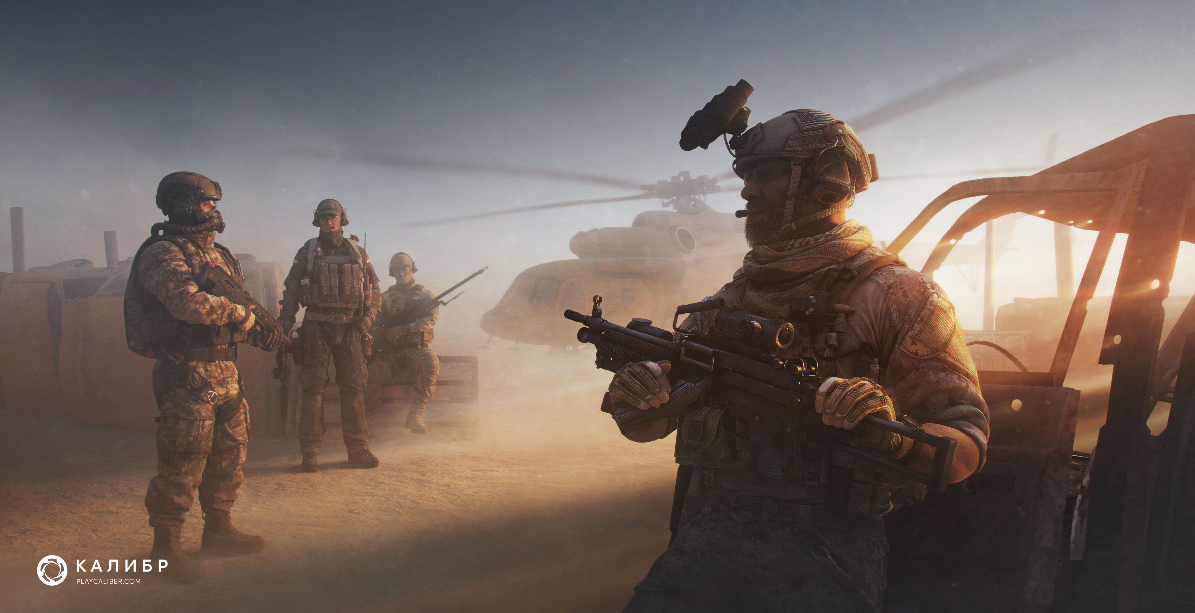 Caliber soldiers with helicopter and destroyed vehicle HD Wallpaper
