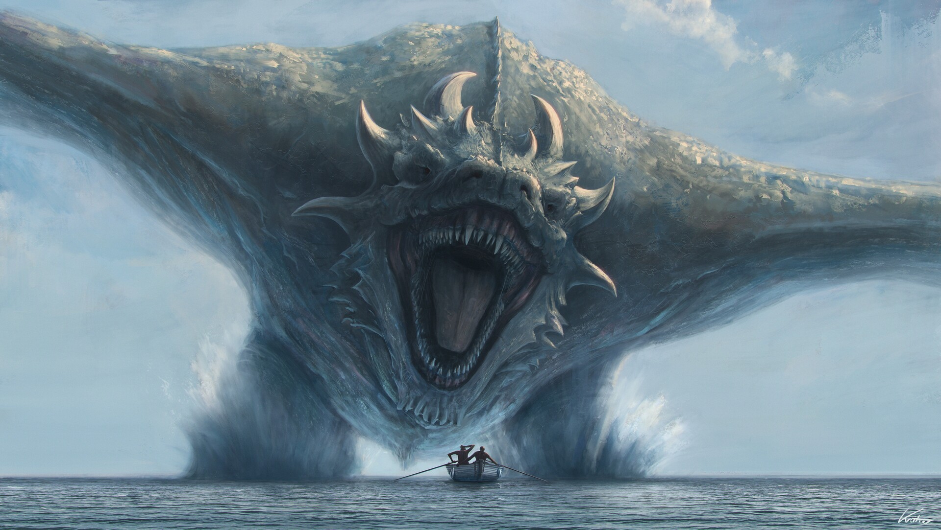 Dragon Attacking Fishermen on Calm Sea HD Wallpaper