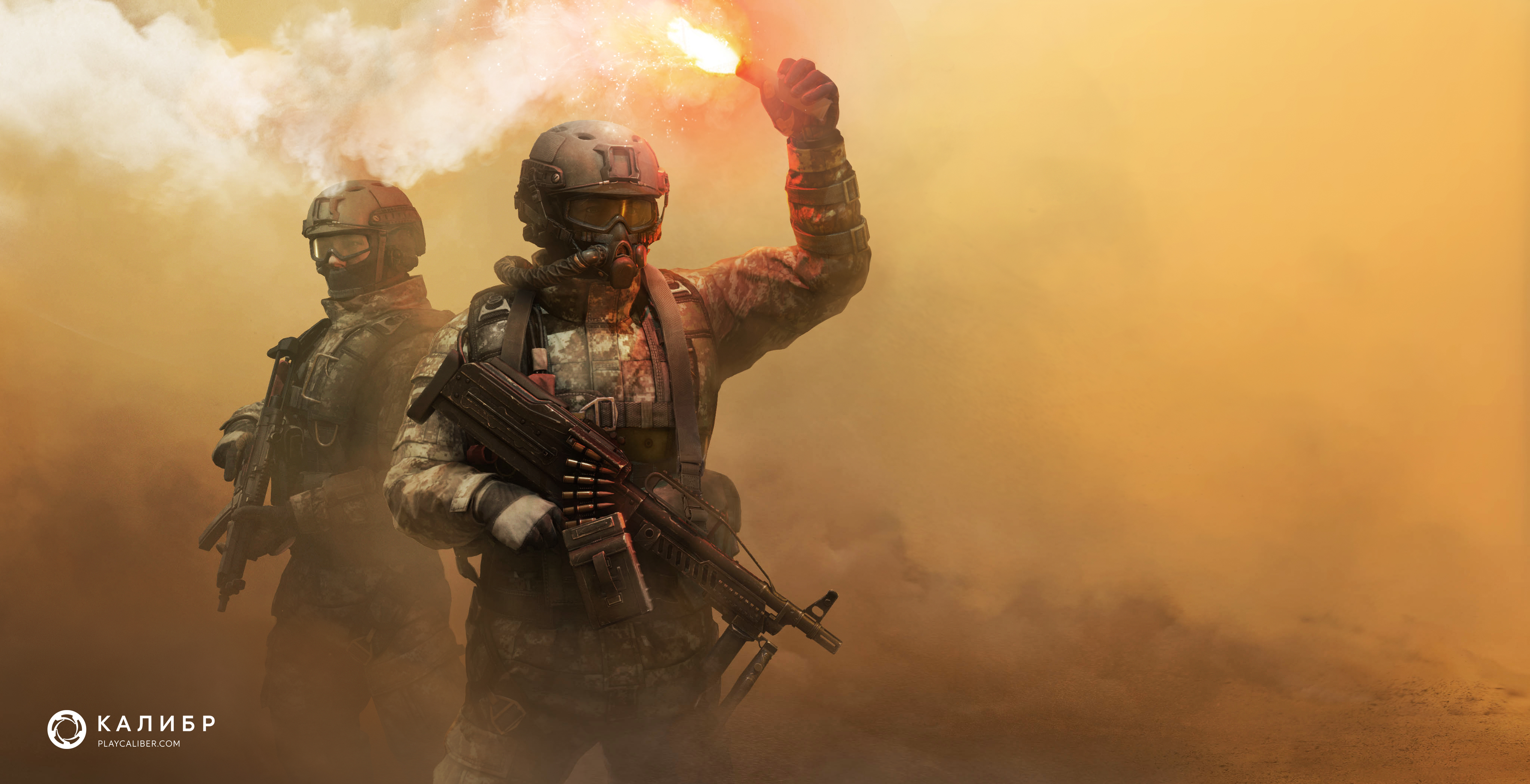 Caliber soldiers with flare in desert HD Wallpaper