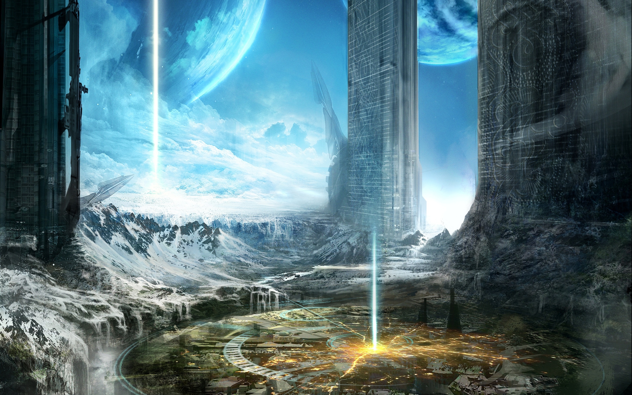 Sci Fi City with Planets and Beams HD Wallpaper