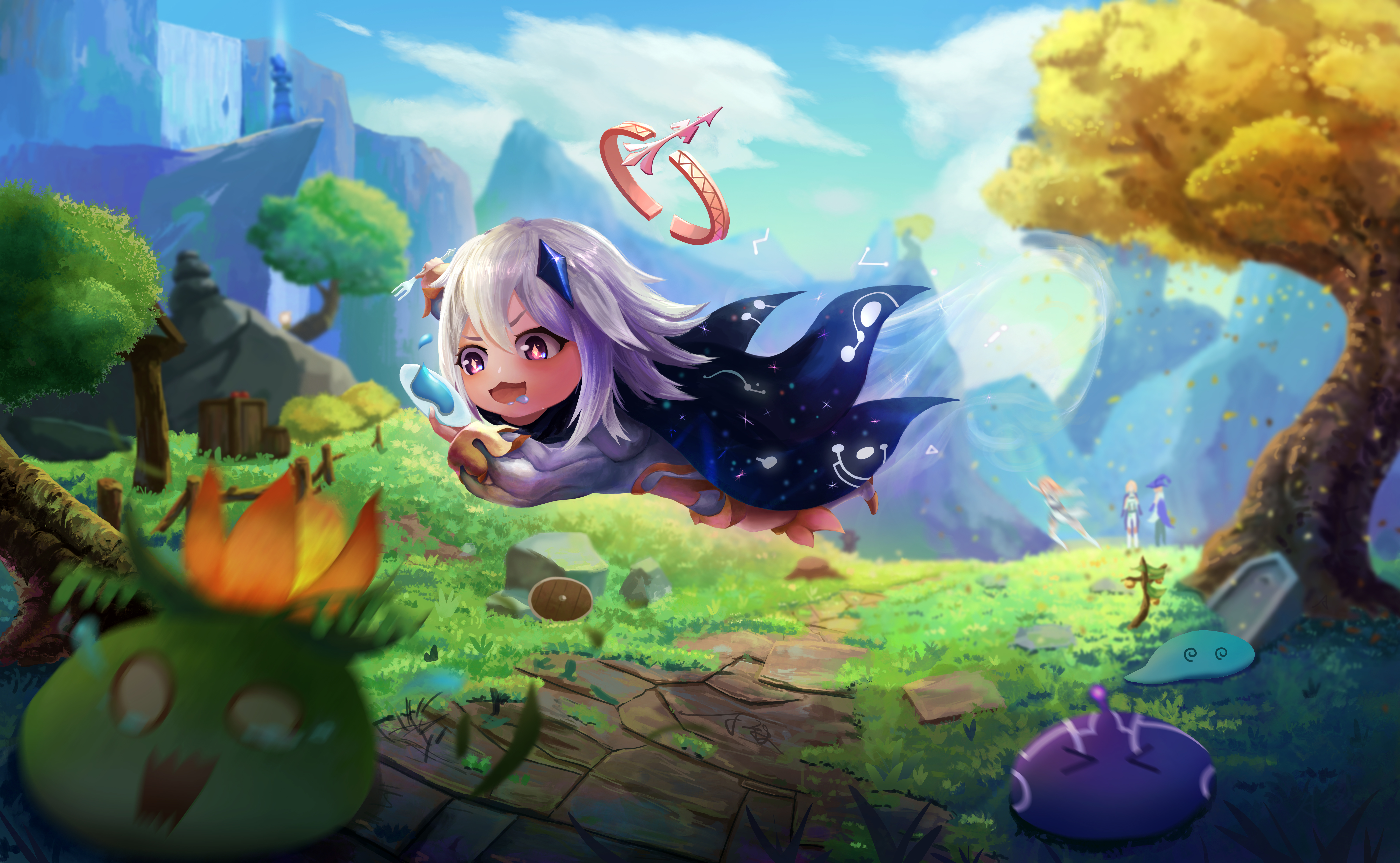 Paimon from Genshin Impact flying with food HD Wallpaper
