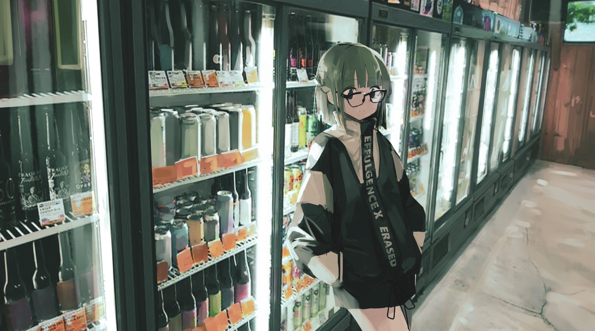 Girl with green hair and glasses in a convenience store HD Wallpaper