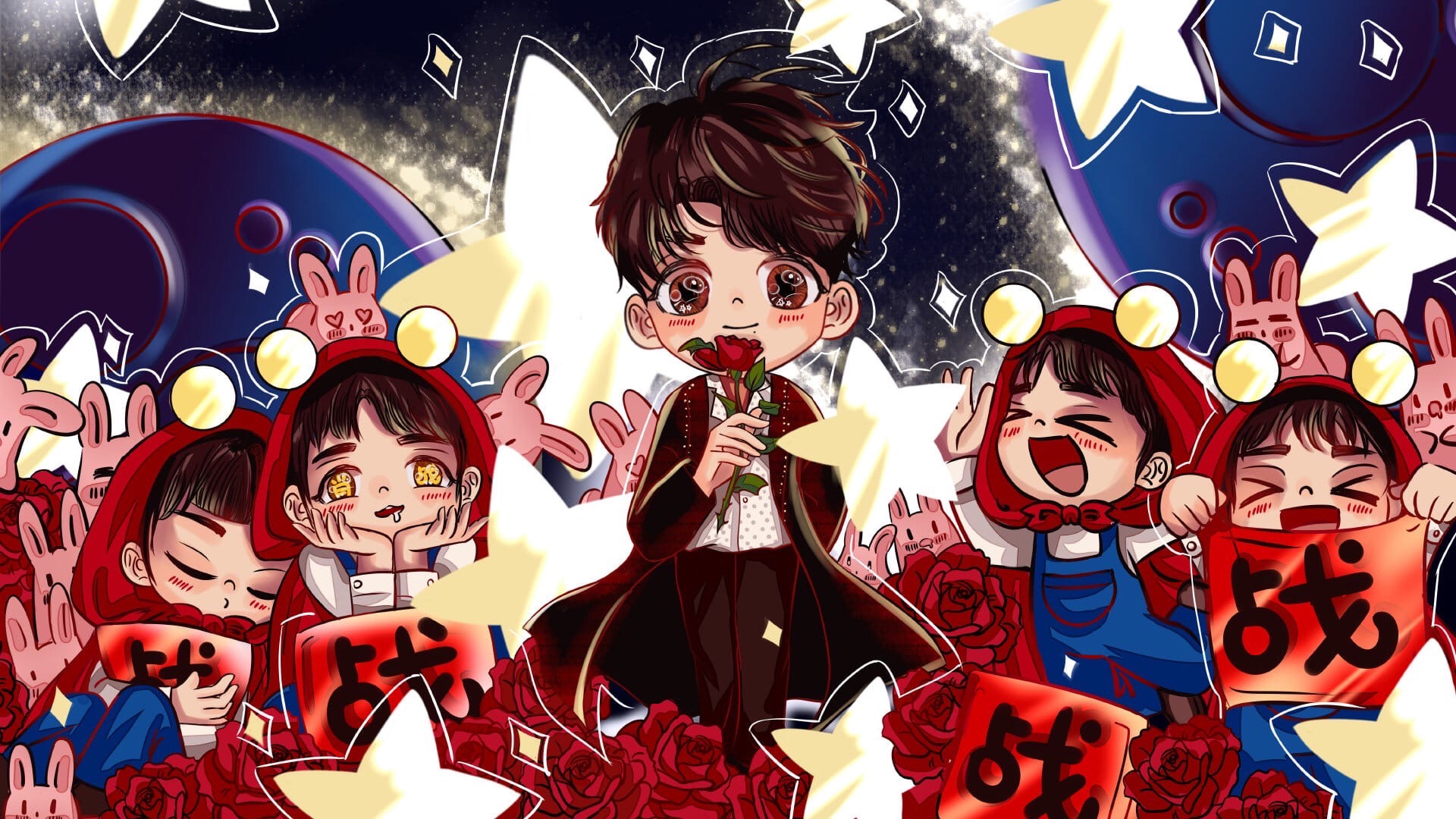 Chibi Boy with Roses and Fans HD Wallpaper