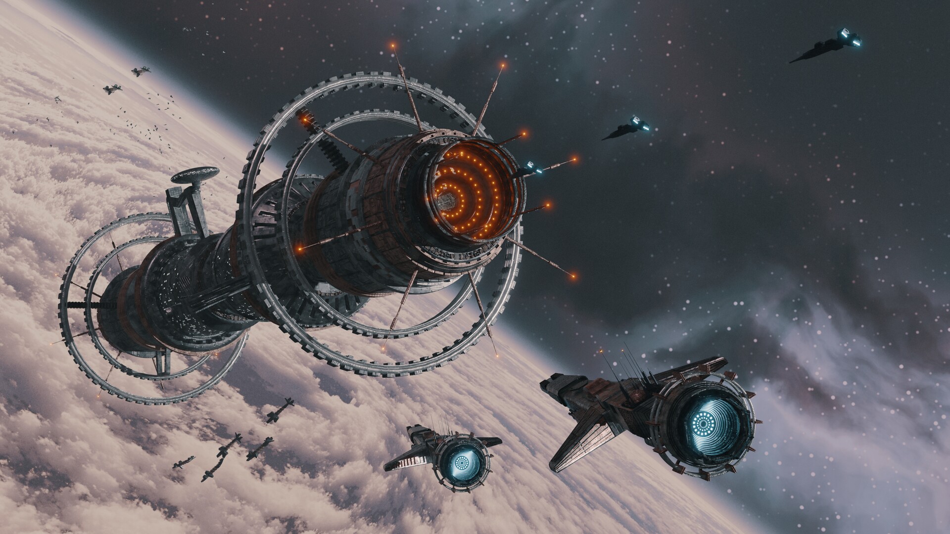 Space Station and Ships Above Planet HD Wallpaper