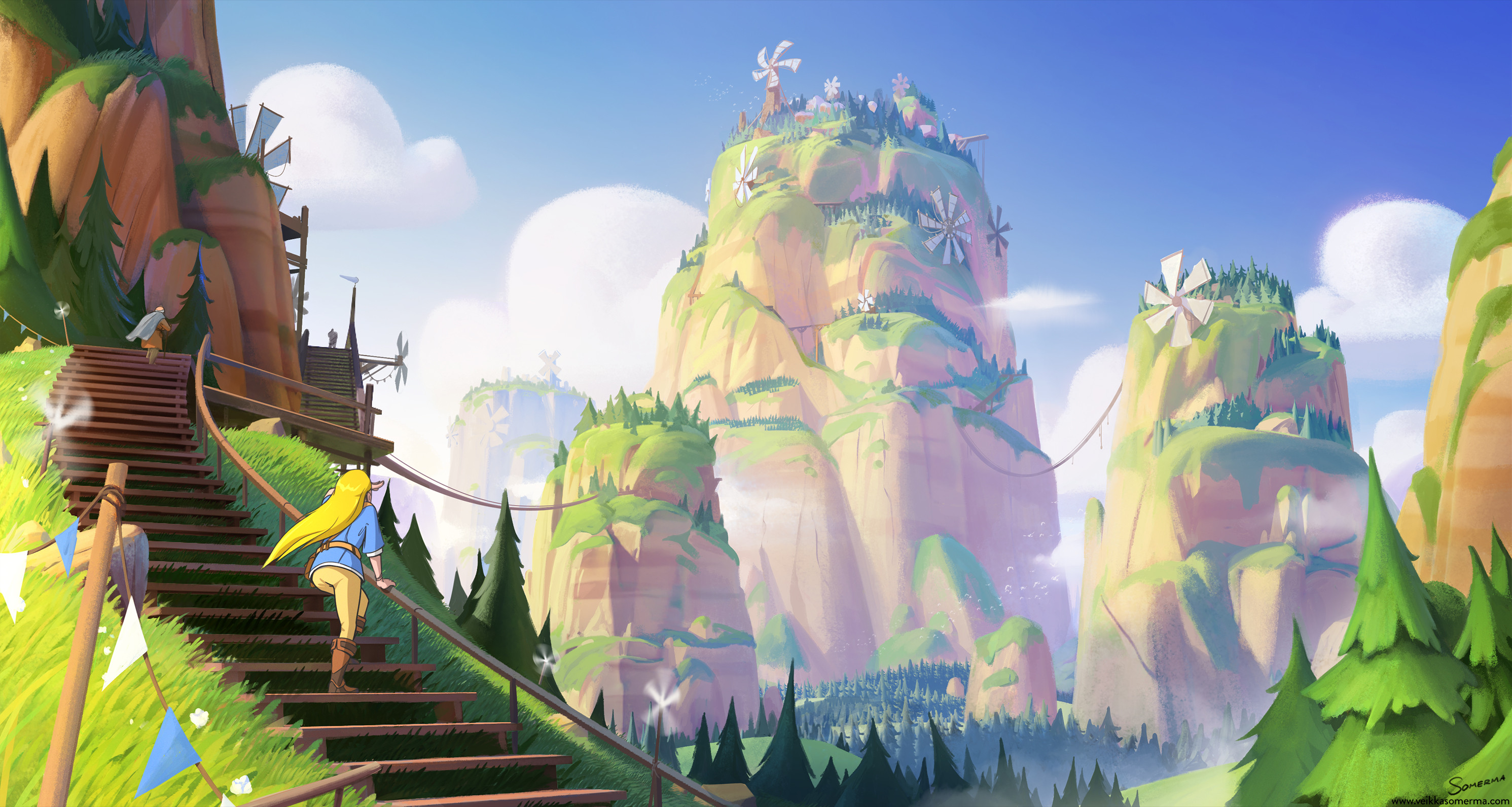 Valley of Foreverwind with windmills and mountains HD Wallpaper