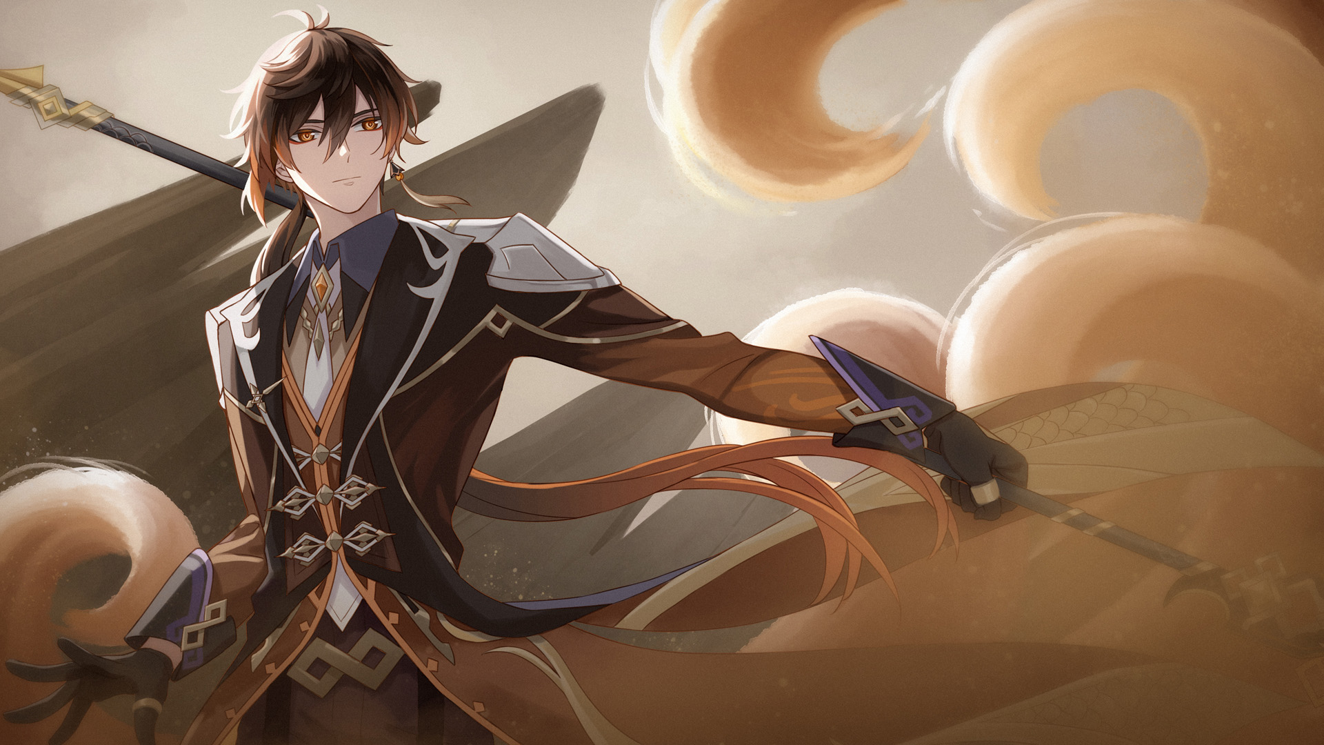 Zhongli from Genshin Impact with a polearm HD Wallpaper