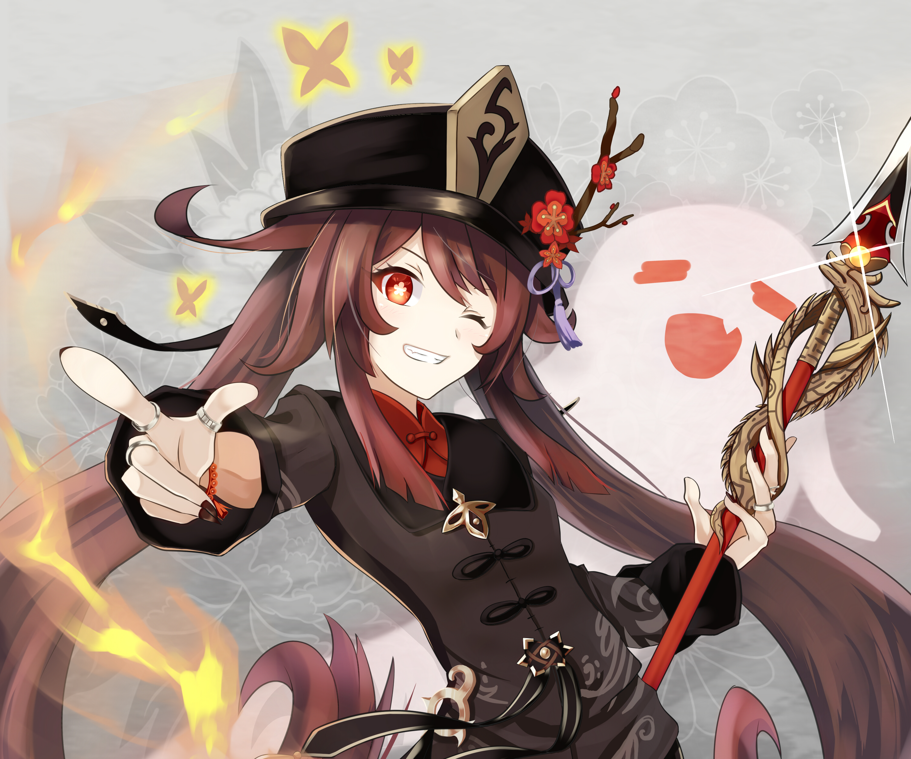 Hu Tao with a ghost and a polearm HD Wallpaper