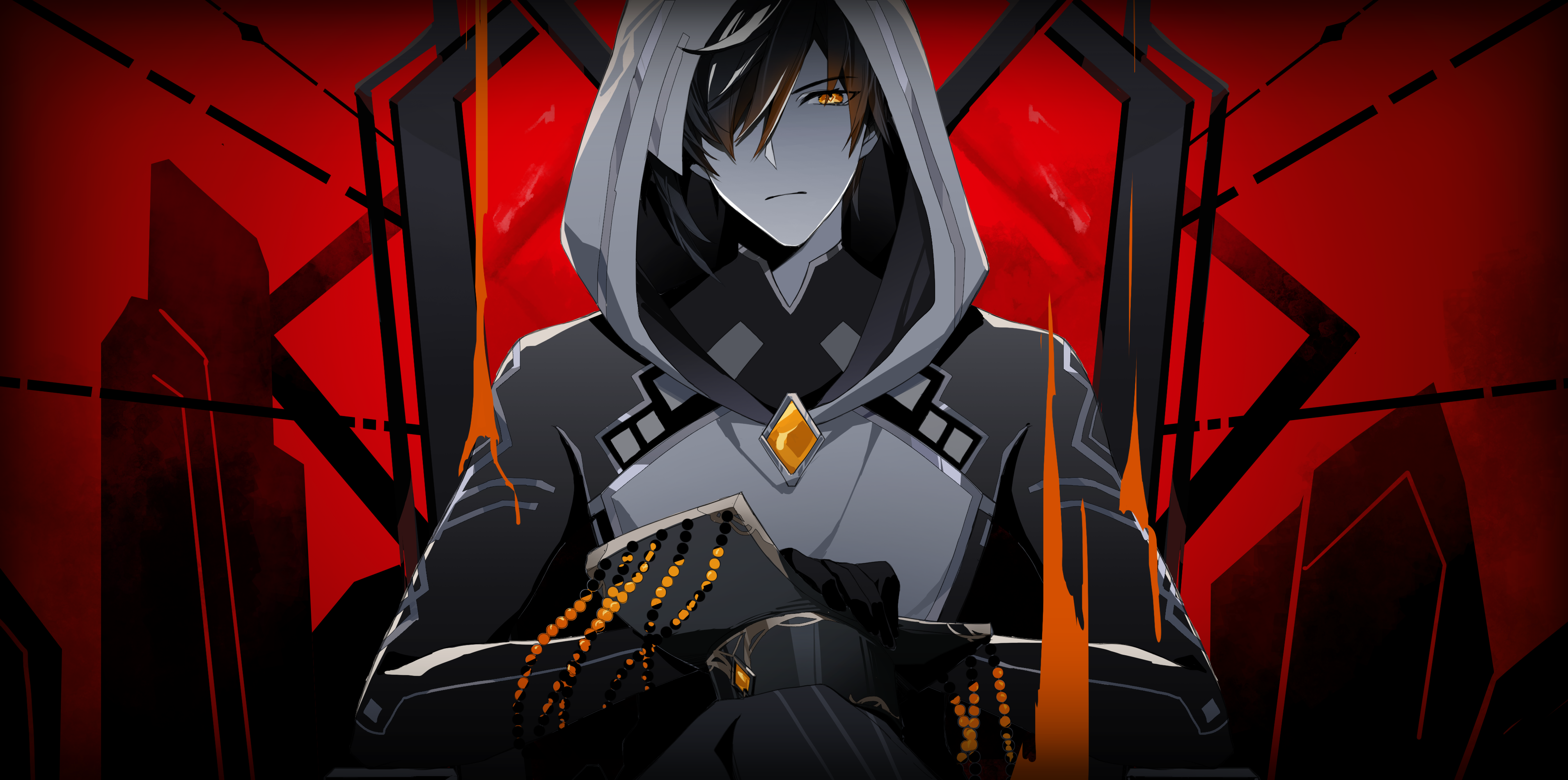 Zhongli in a dark hooded cloak with a red background HD Wallpaper