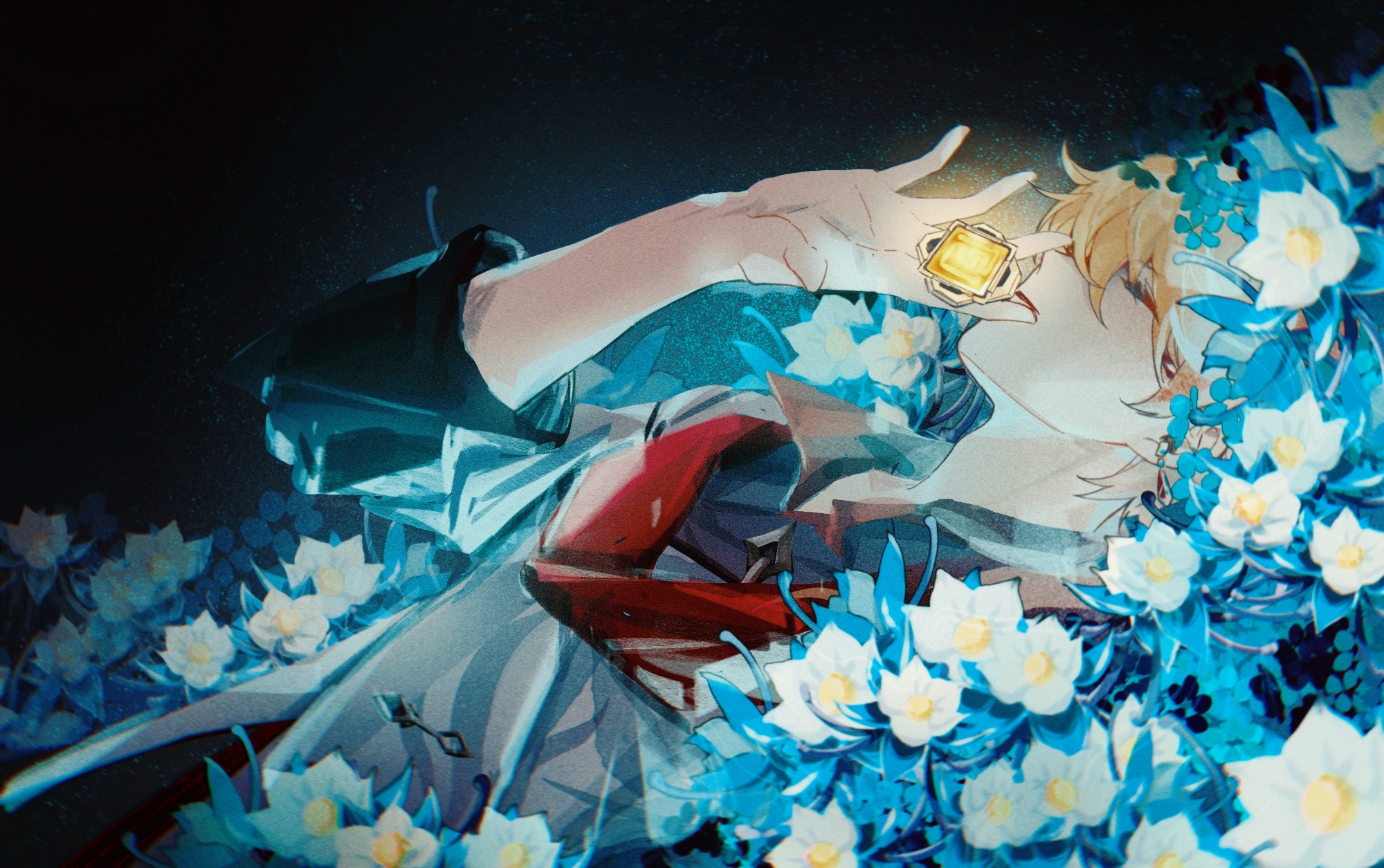 Tartaglia Childe (Genshin Impact) with blue flowers HD Wallpaper
