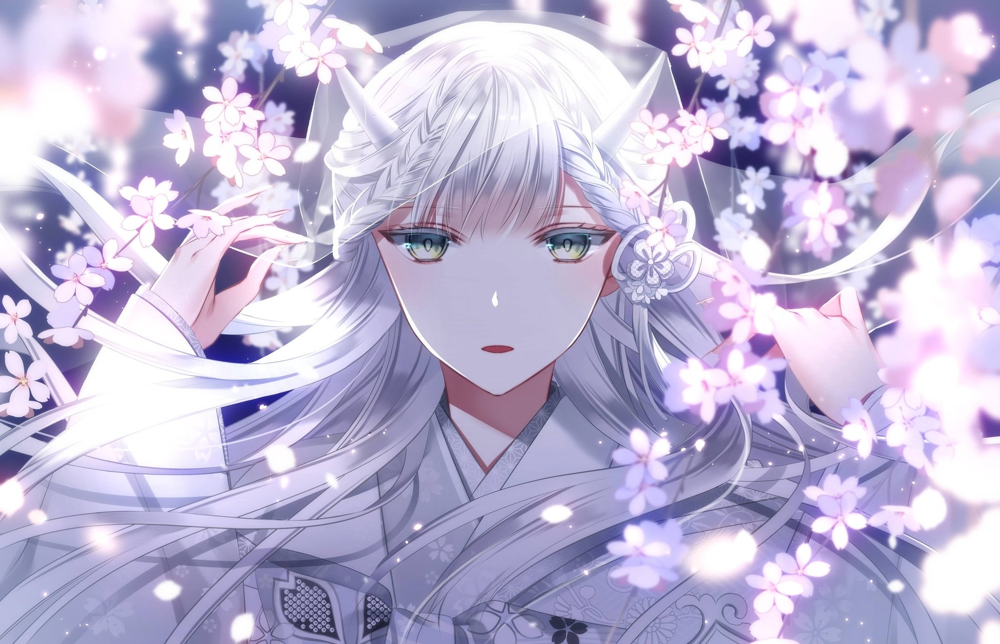 Girl with White Hair and Horns Among Cherry Blossoms HD Wallpaper