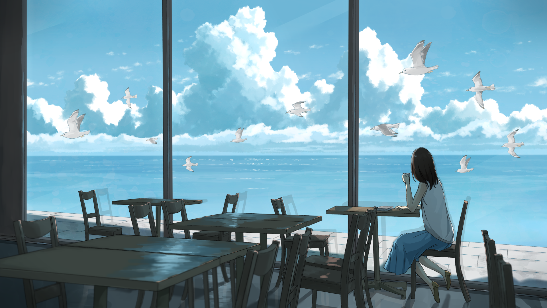 Woman with Black Hair and Seagulls by the Ocean HD Wallpaper