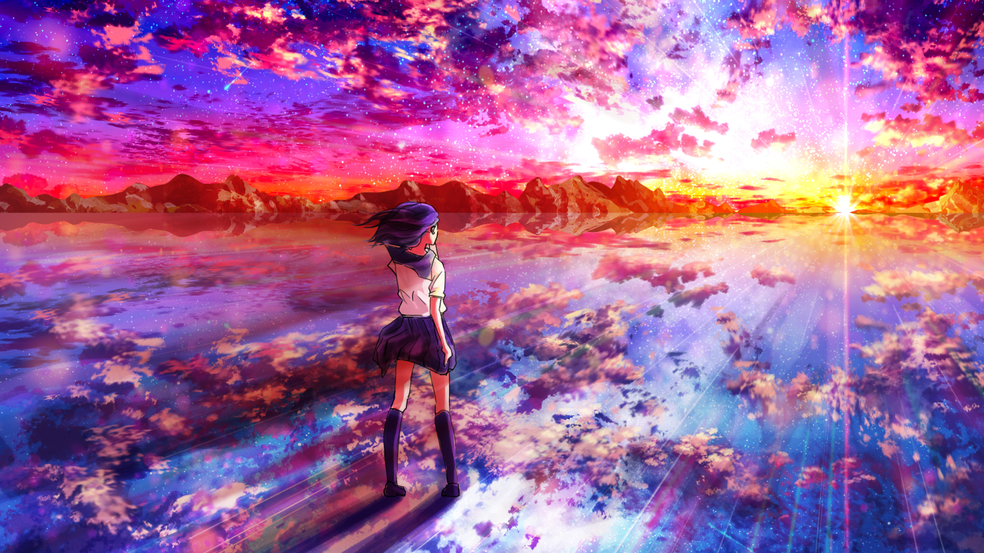 Girl watching a colorful sunset over a lake HD Wallpaper