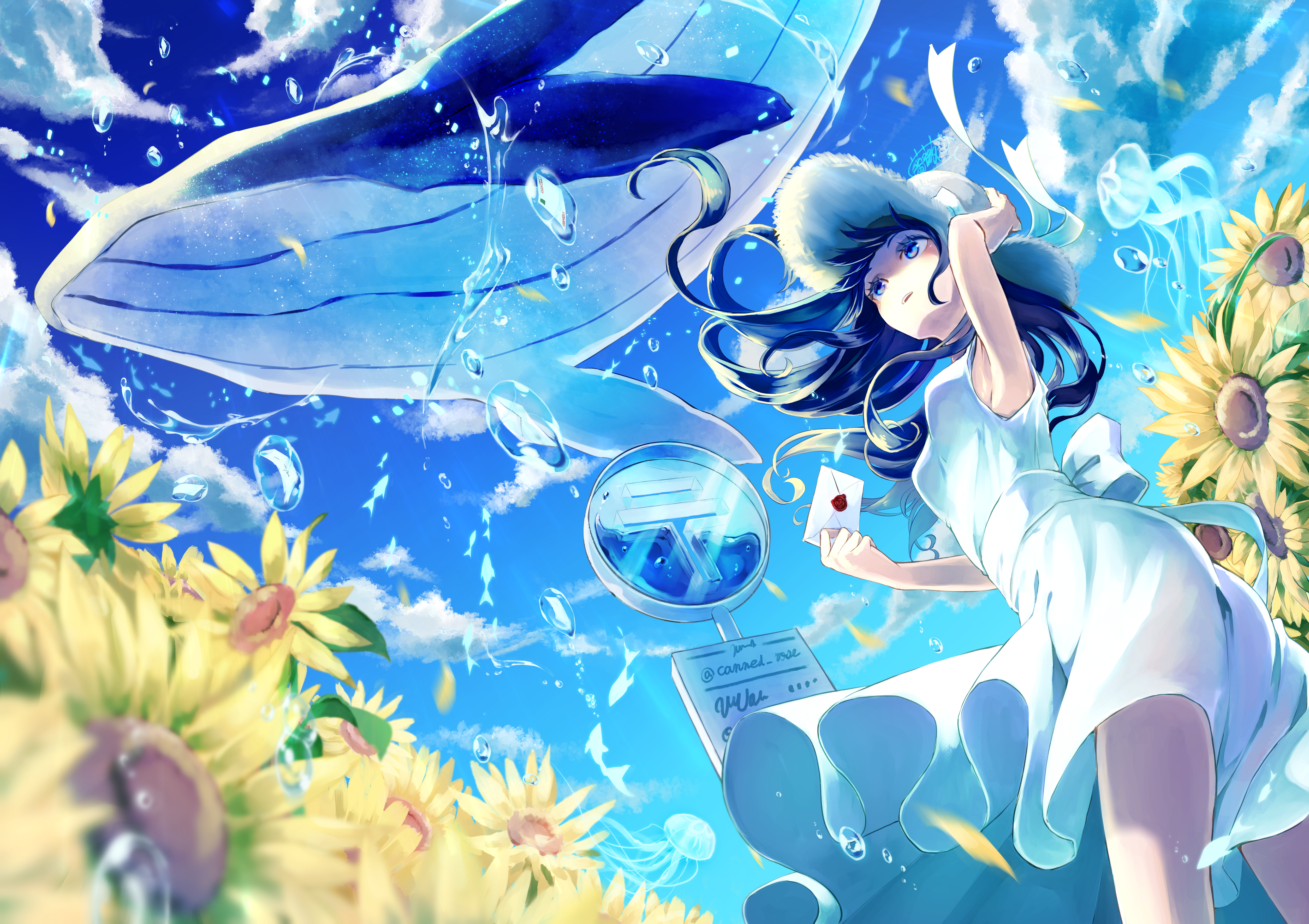 Girl with Whale and Sunflowers in Summer Sky 4K HD Wallpaper