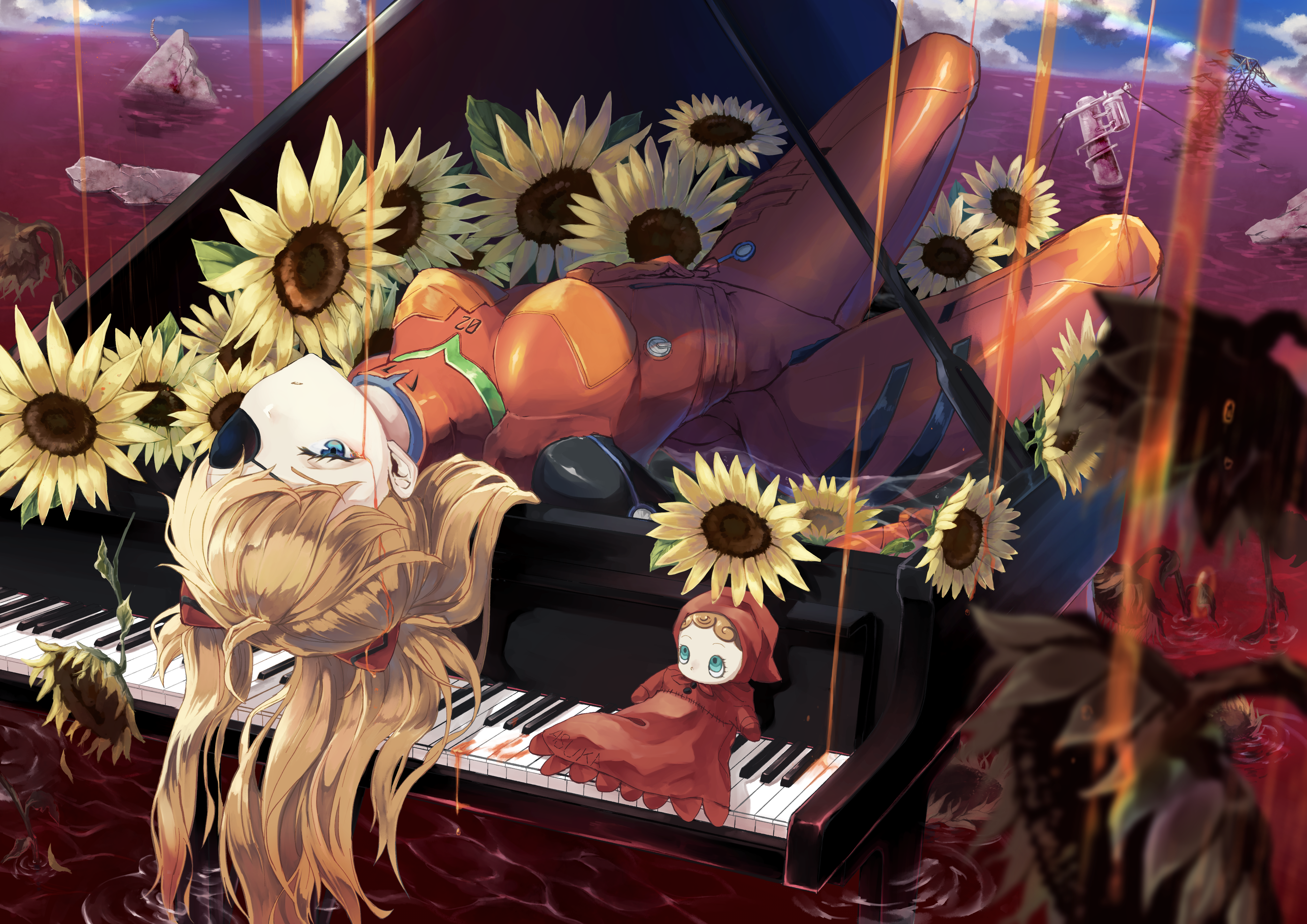Asuka Langley Sohryu with sunflowers on a piano HD Wallpaper