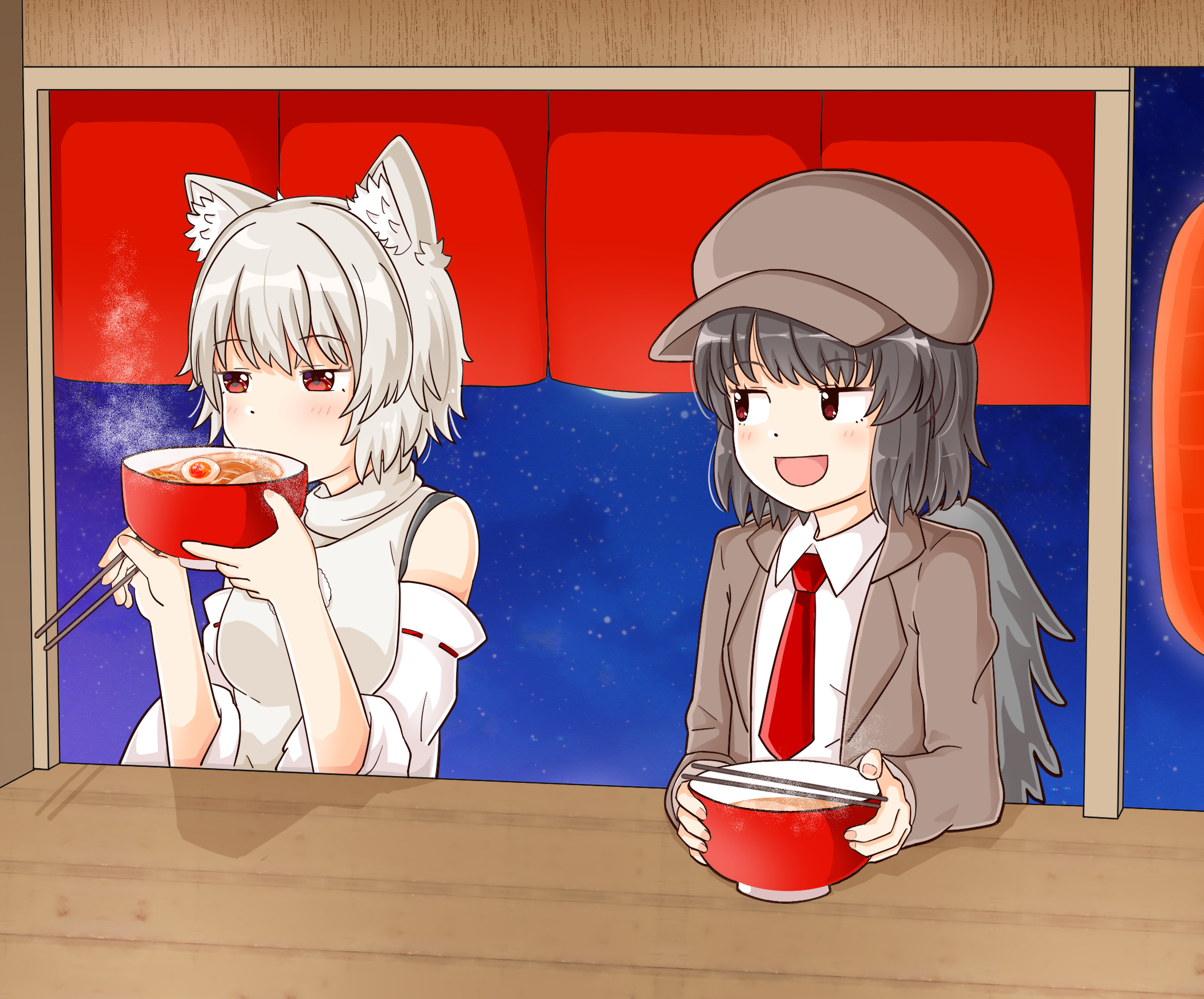 Momiji Inubashiri and Aya Shameimaru eating ramen HD Wallpaper