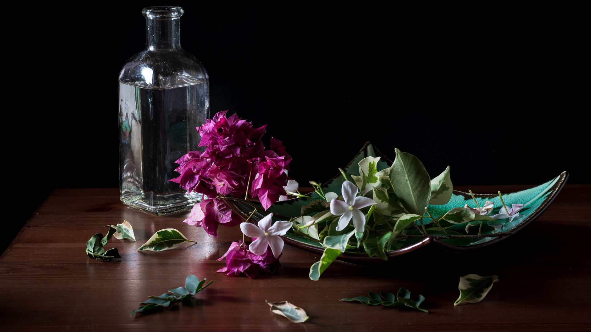 Still life with flowers and a bottle HD Wallpaper