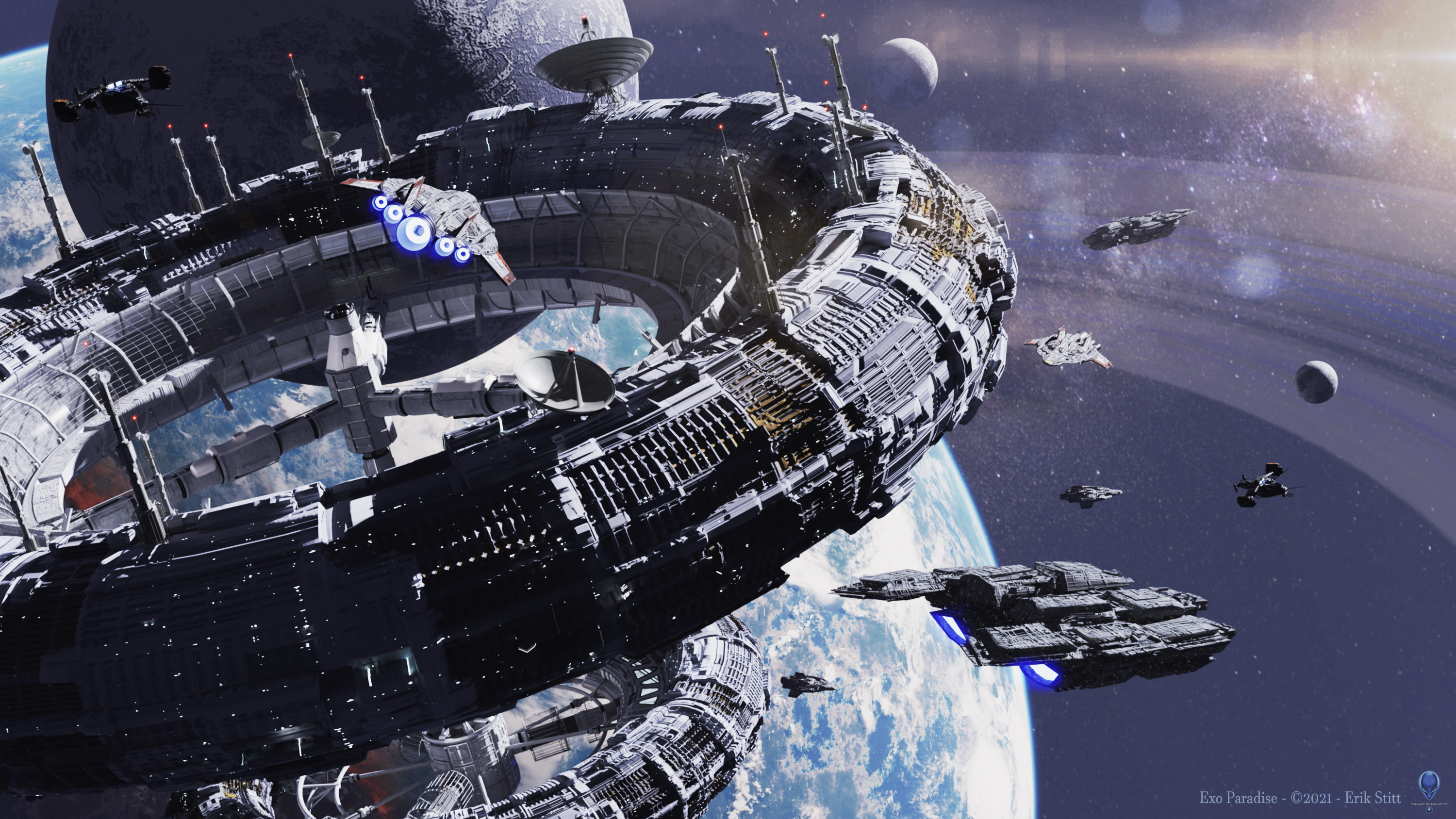 Exo Paradise Space Station with Ships and Planets HD Wallpaper
