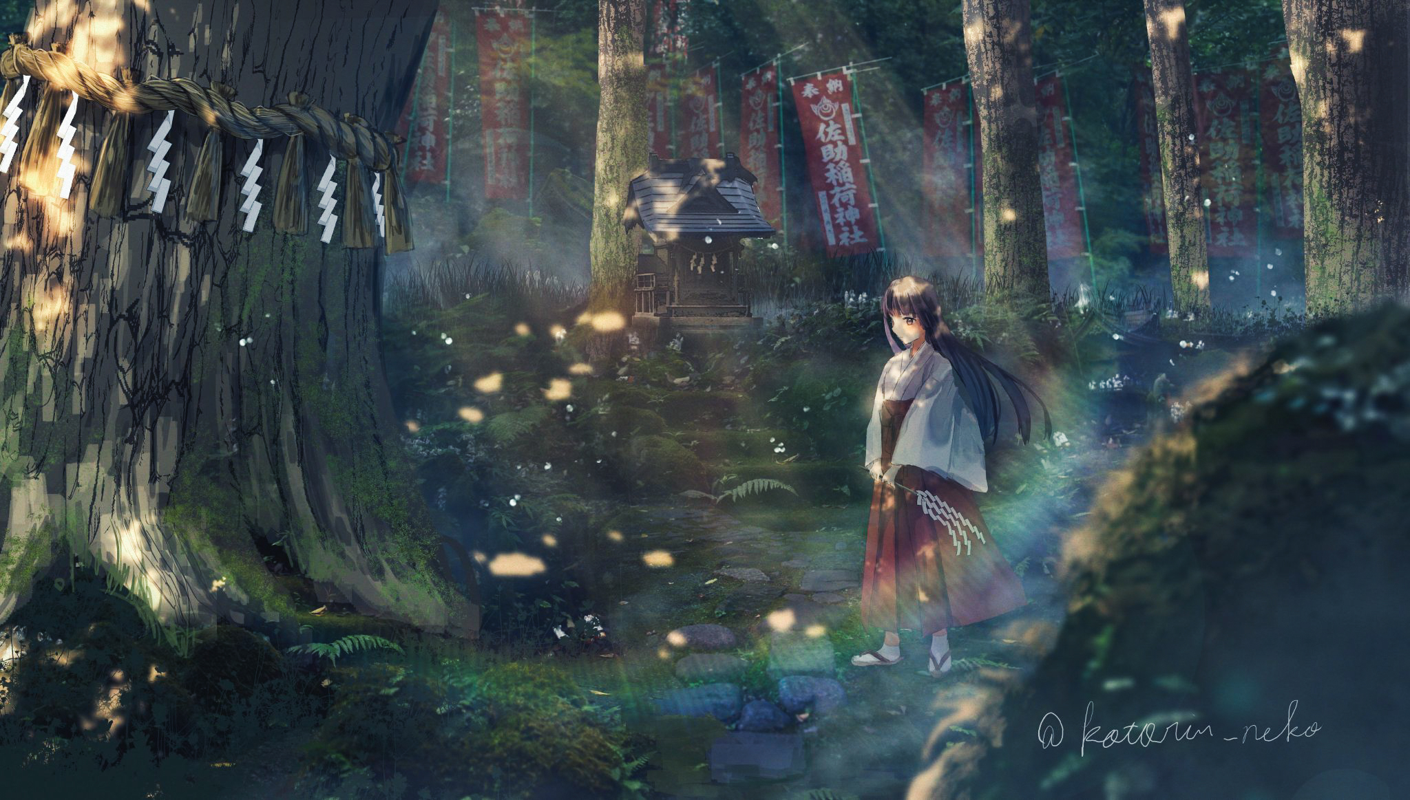 Girl with long hair in a forest shrine HD Wallpaper