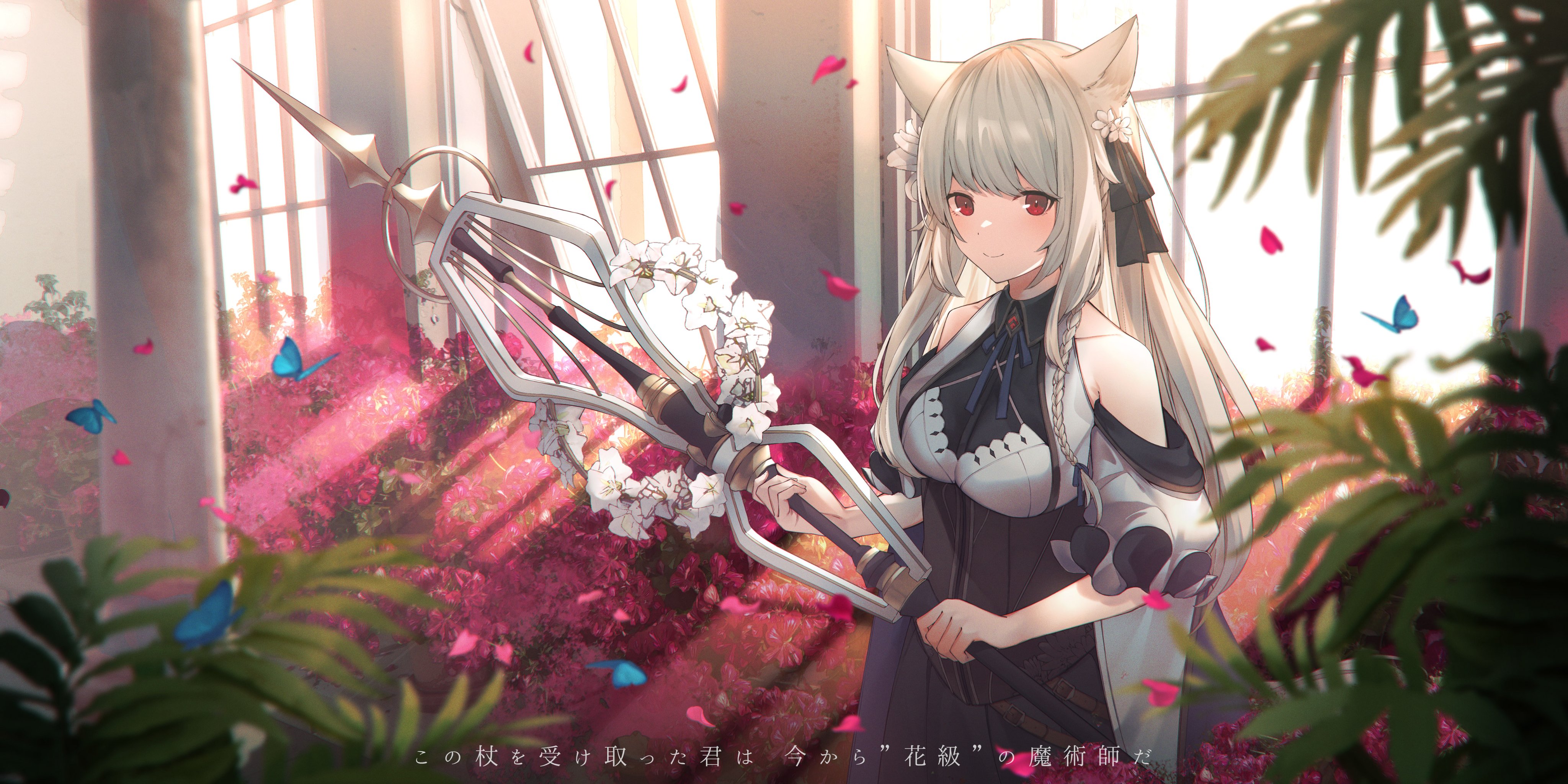 Anime girl with cat ears holding a staff HD Wallpaper