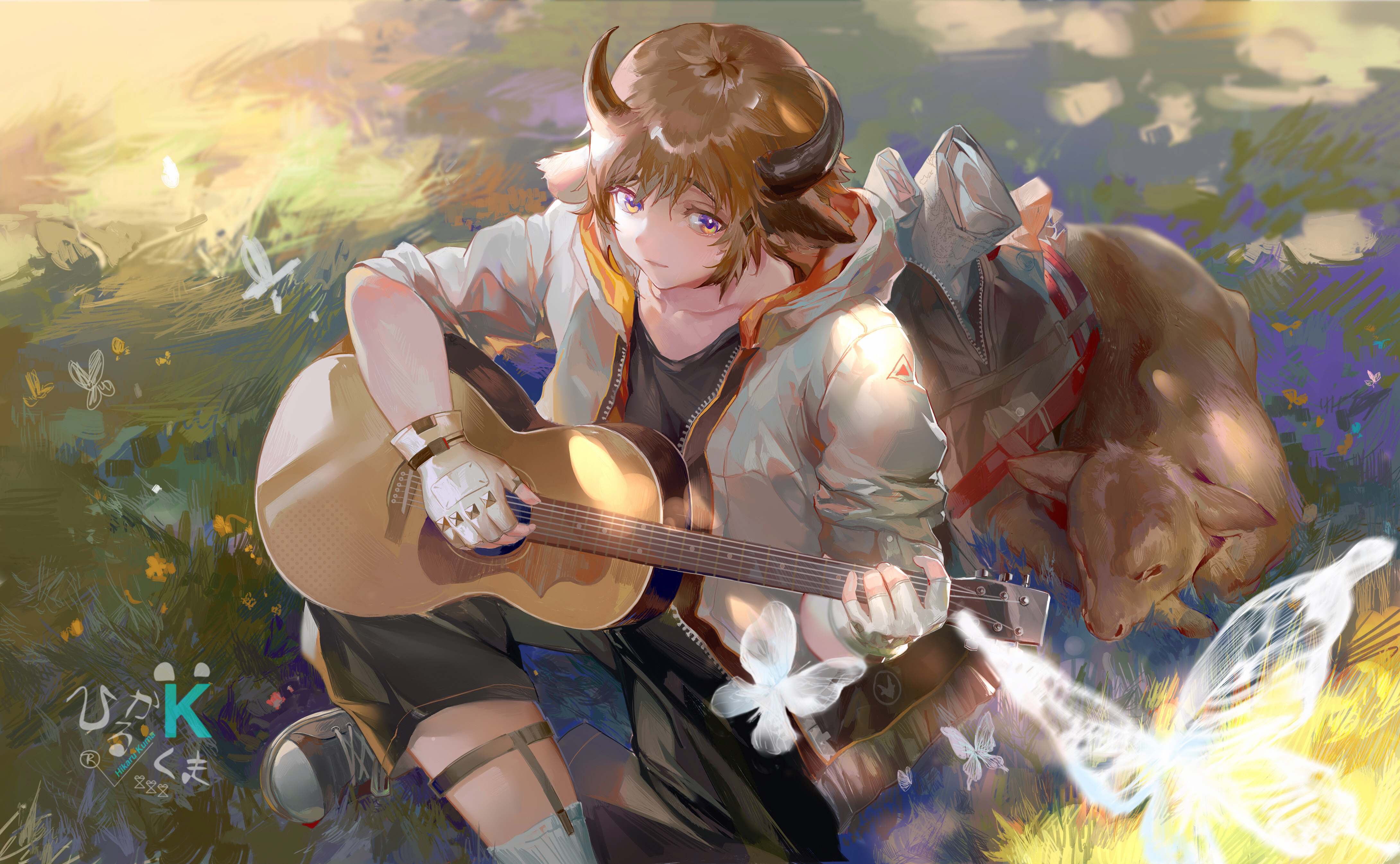 Bison from Arknights playing guitar with a calf HD Wallpaper