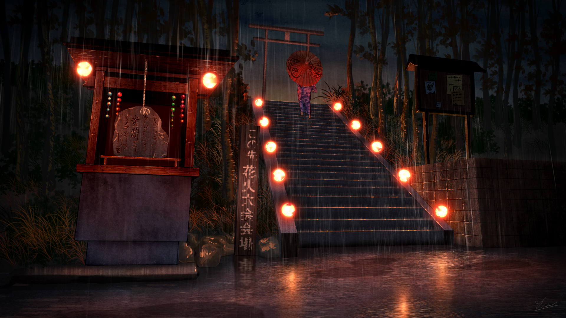 Girl with umbrella walks up stairs in the rain HD Wallpaper