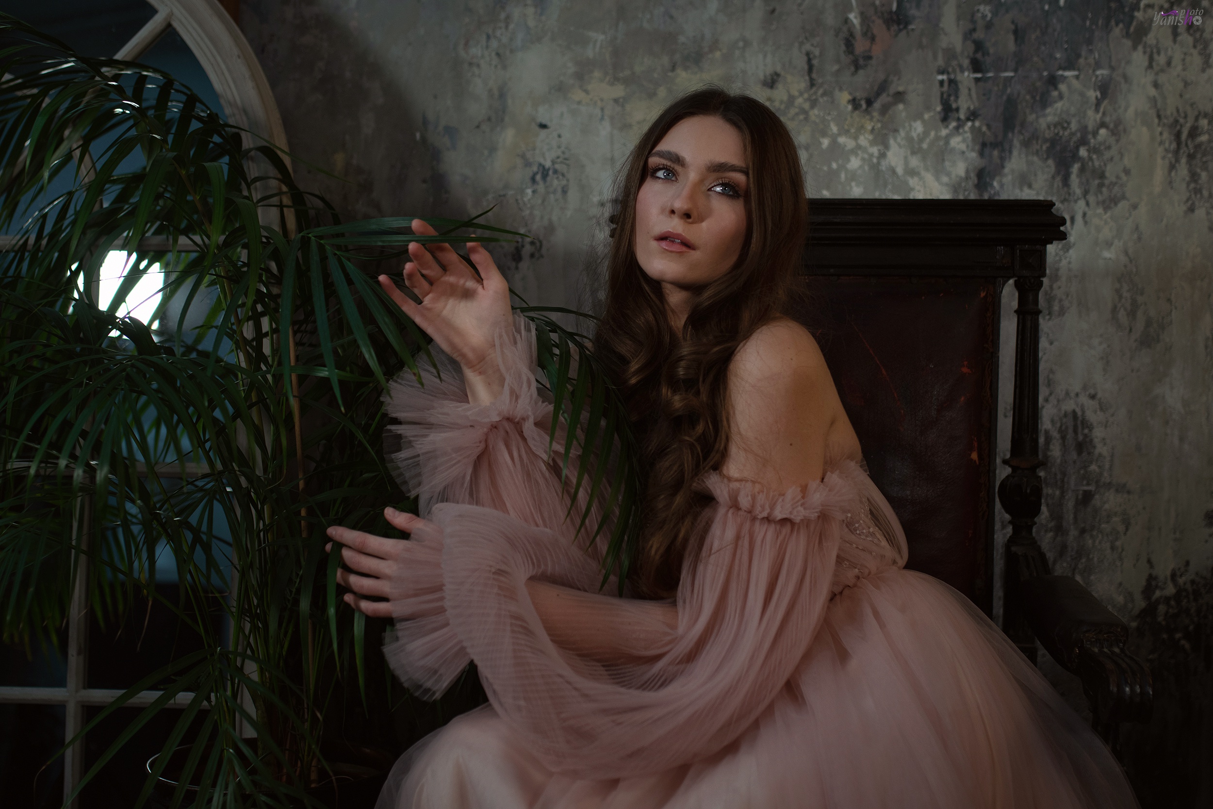 Woman with long brown hair in a pink dress HD Wallpaper