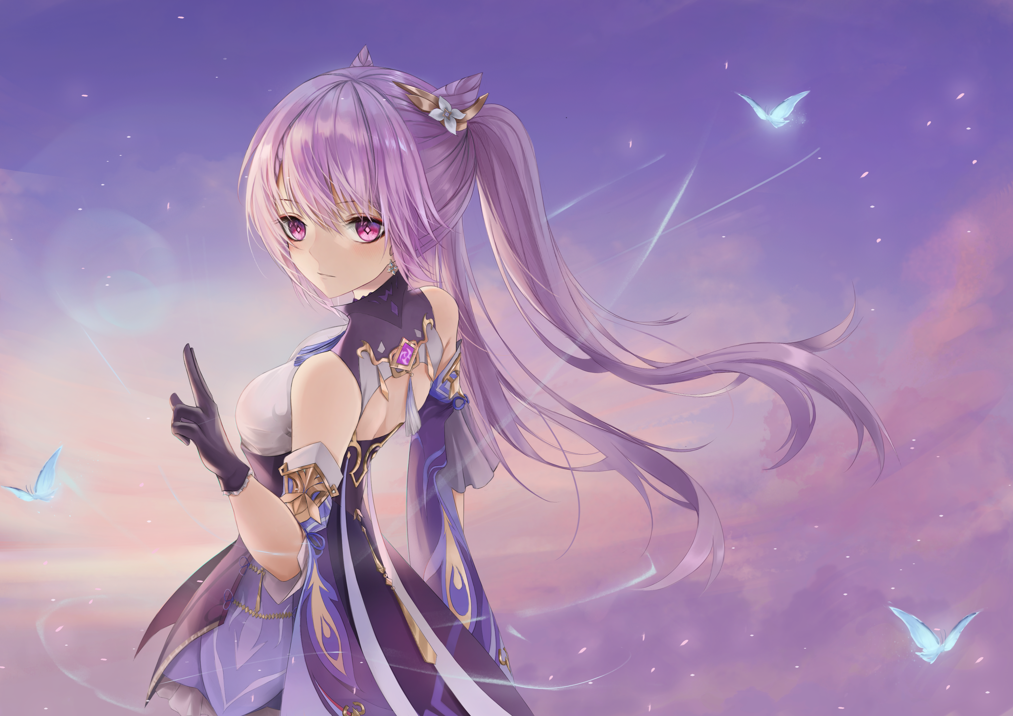 Keqing from Genshin Impact with butterflies HD Wallpaper