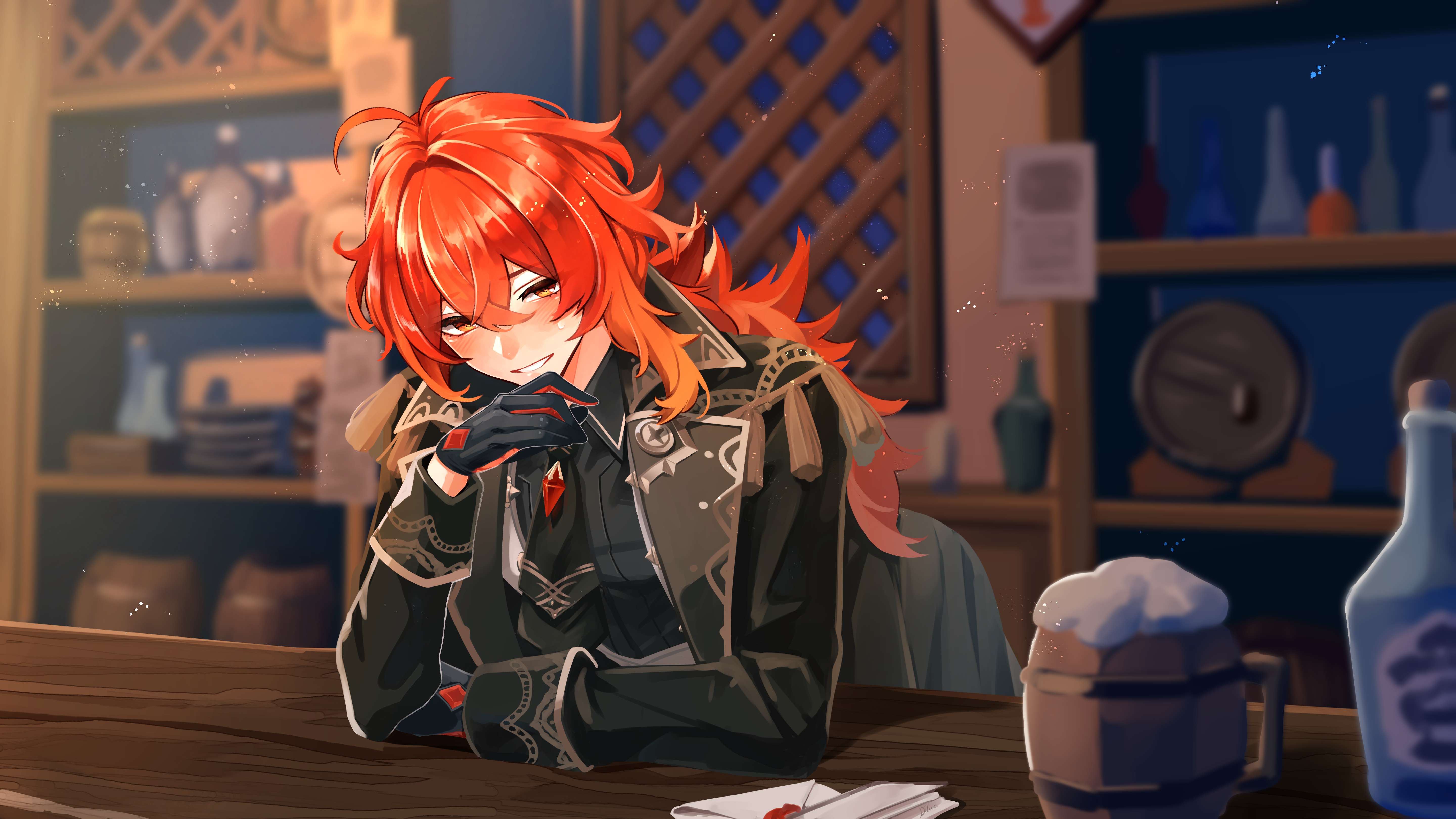 Diluc 4K Character Art in Tavern Setting HD Wallpaper