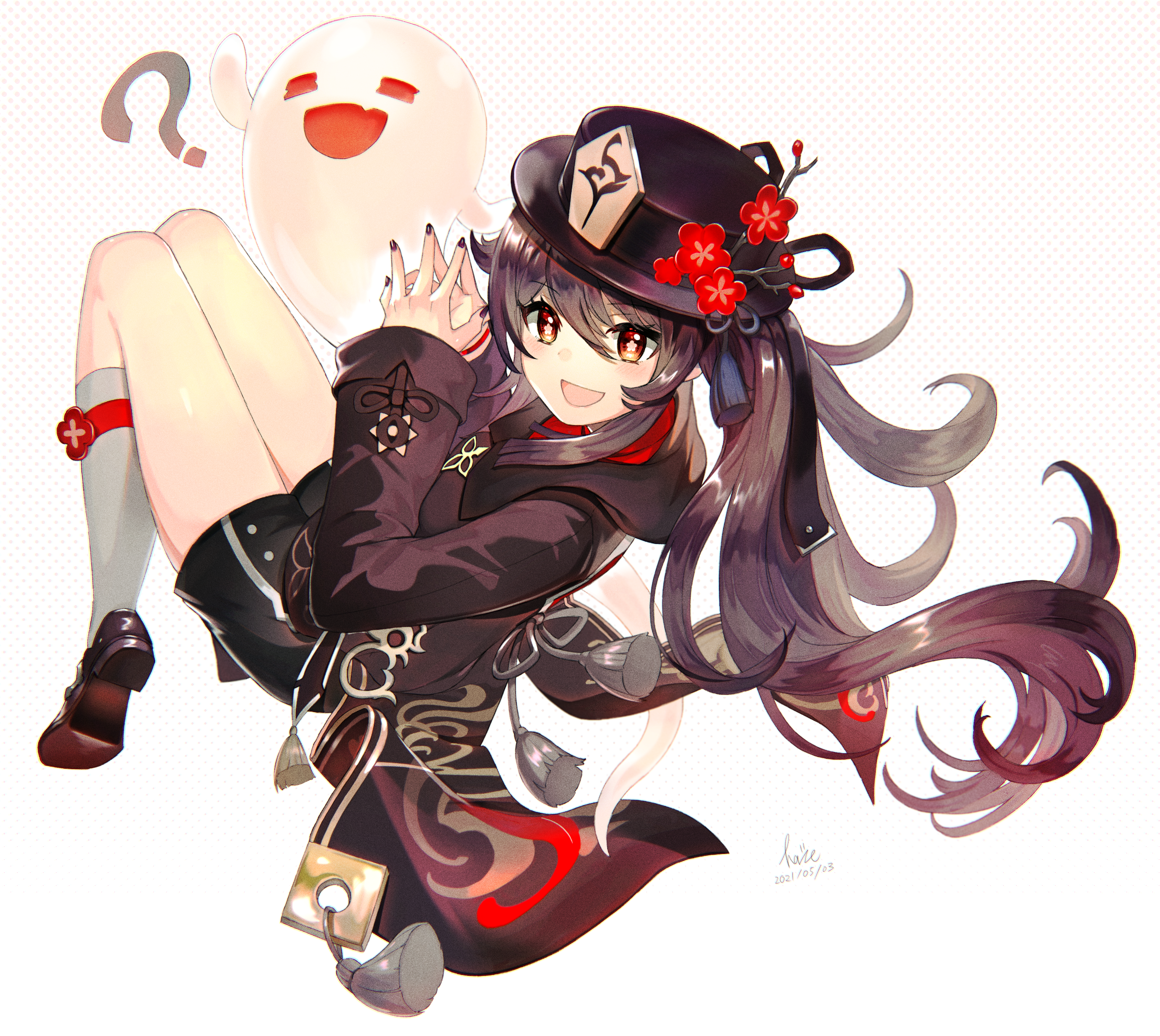 Hu Tao with a ghost companion HD Wallpaper