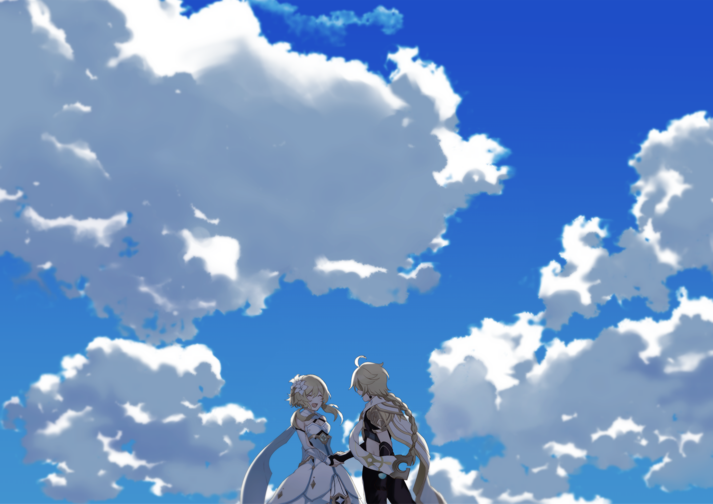 Aether and Lumine from Genshin Impact under the clouds HD Wallpaper