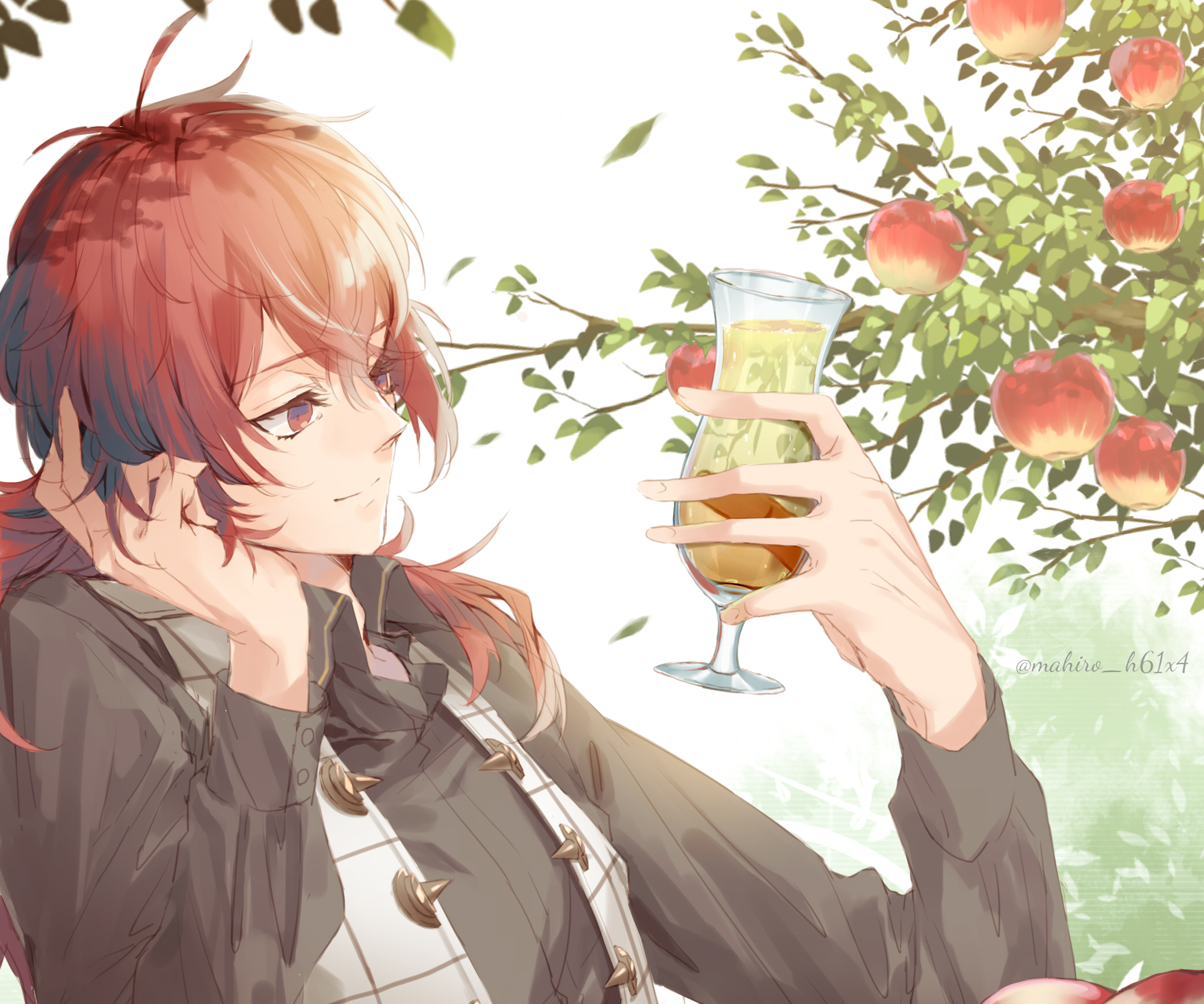 Diluc holding apple juice under apple tree HD Wallpaper