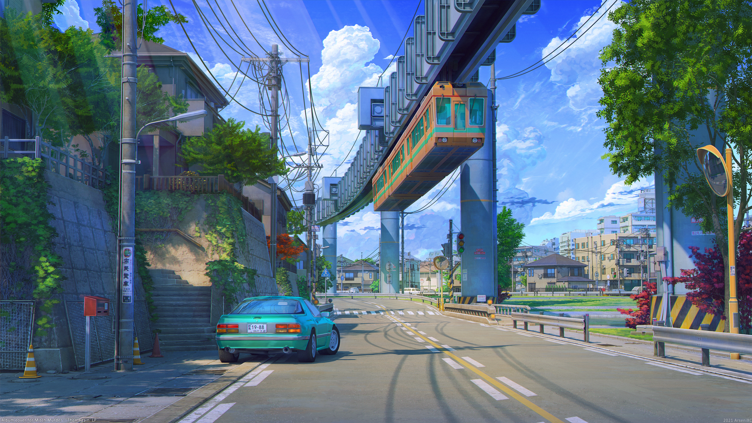 Anime street scene with a monorail and a car HD Wallpaper