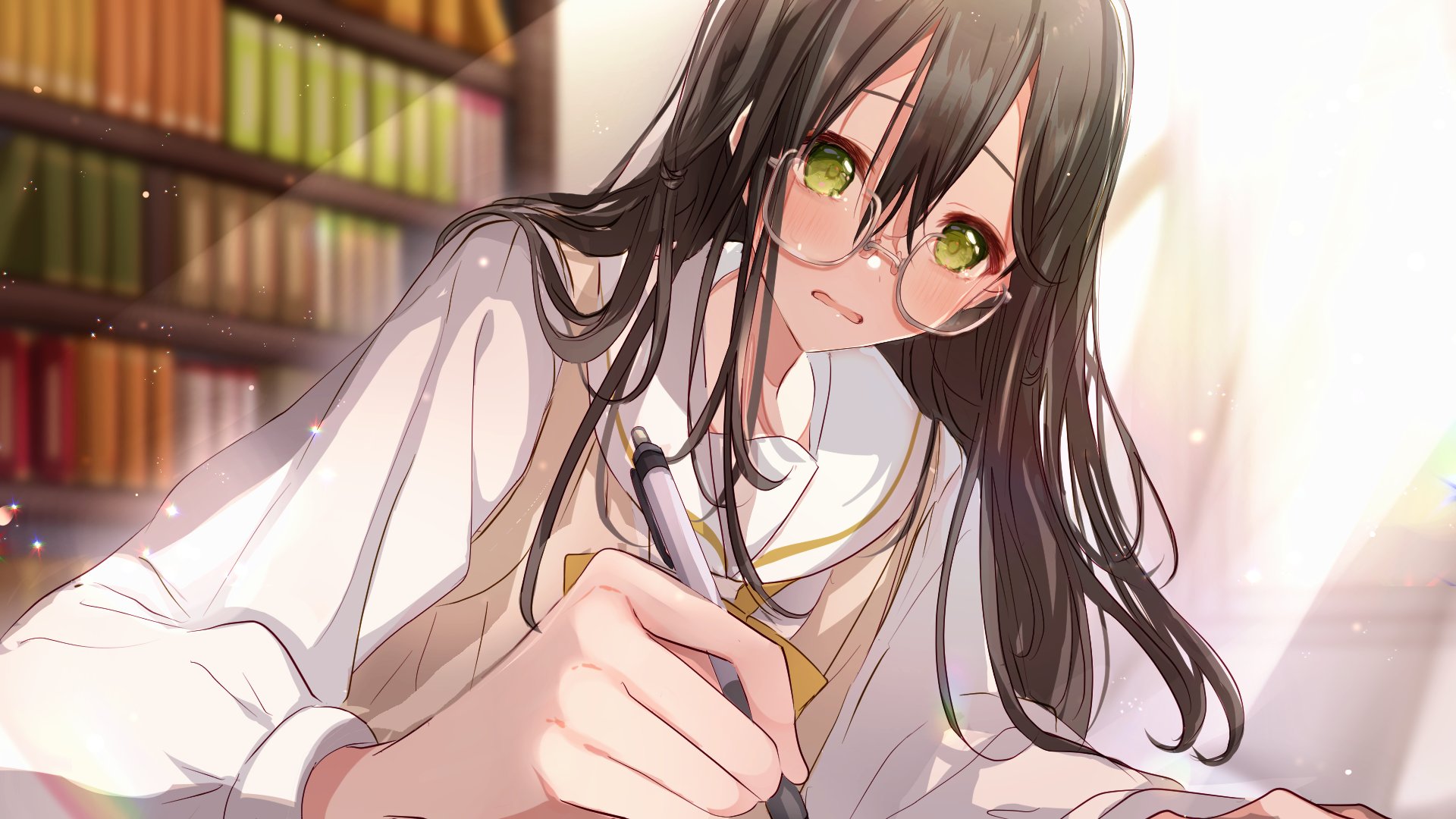 Girl with glasses writing in a library HD Wallpaper