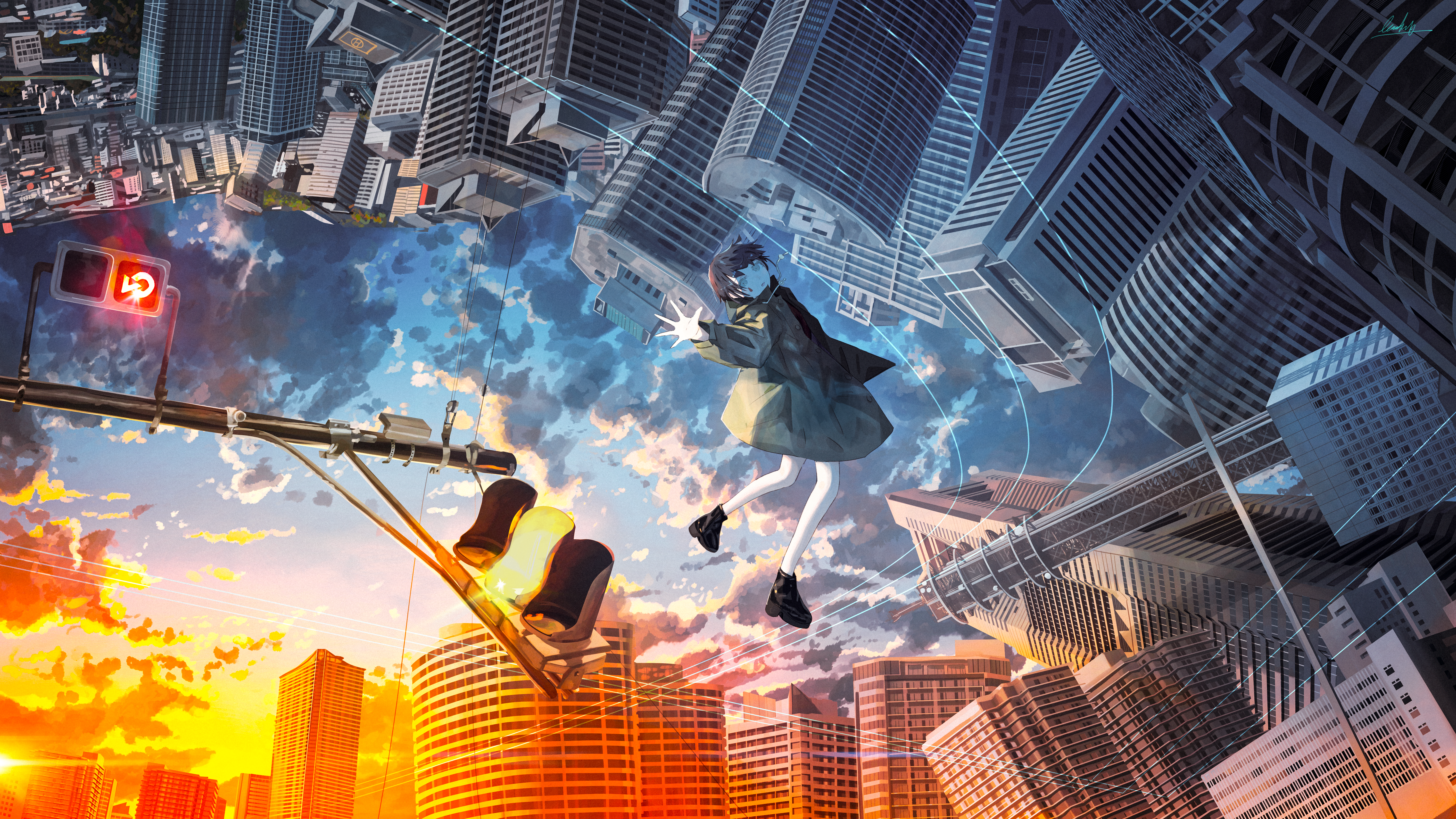 Girl in a surreal cityscape at sunset HD Wallpaper