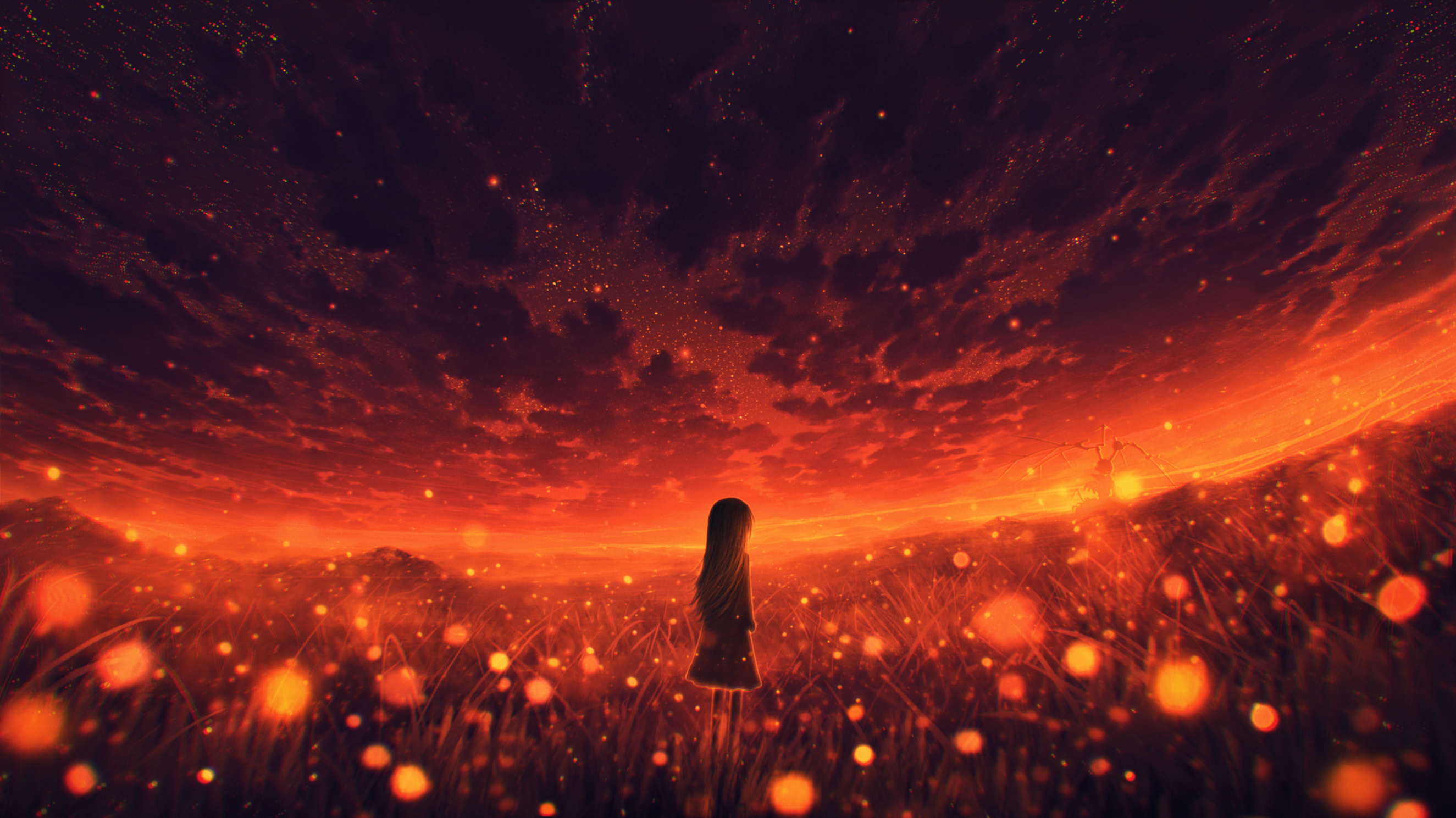 Girl in a field of glowing lights under a fiery sky HD Wallpaper