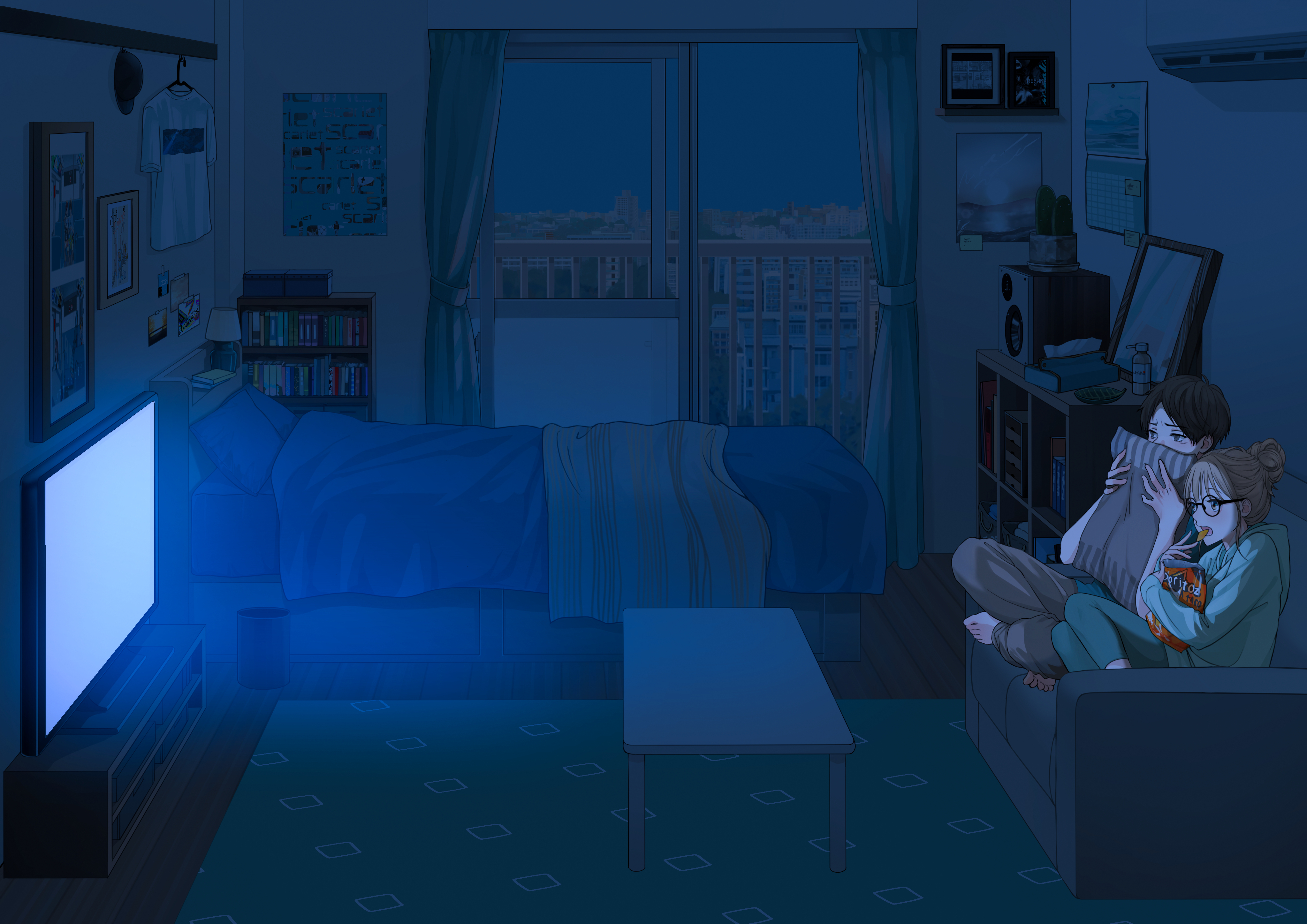 Couple watching TV in a dark room HD Wallpaper