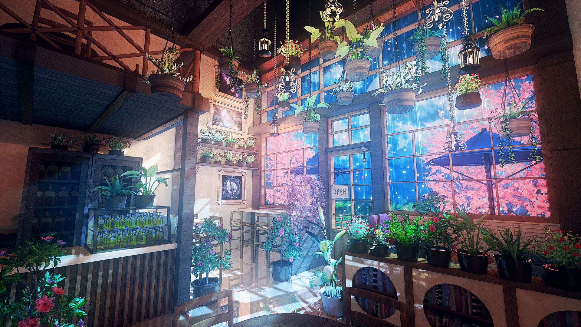 Cozy cafe with hanging plants and large windows HD Wallpaper