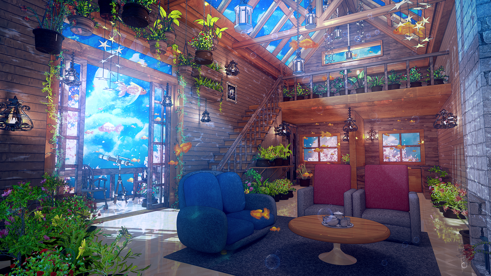Fantasy room with fish and plants HD Wallpaper