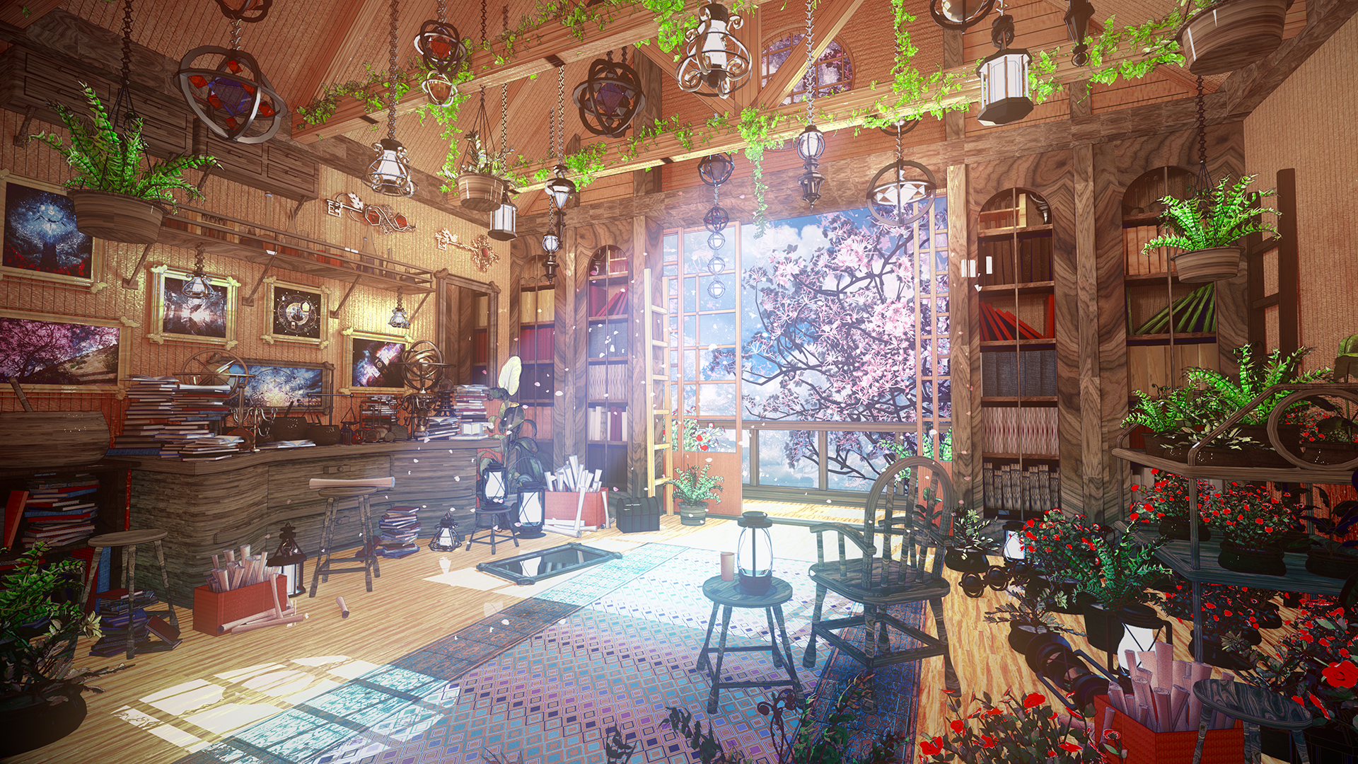 Cozy Sunlit Room with Plants and Books HD Wallpaper