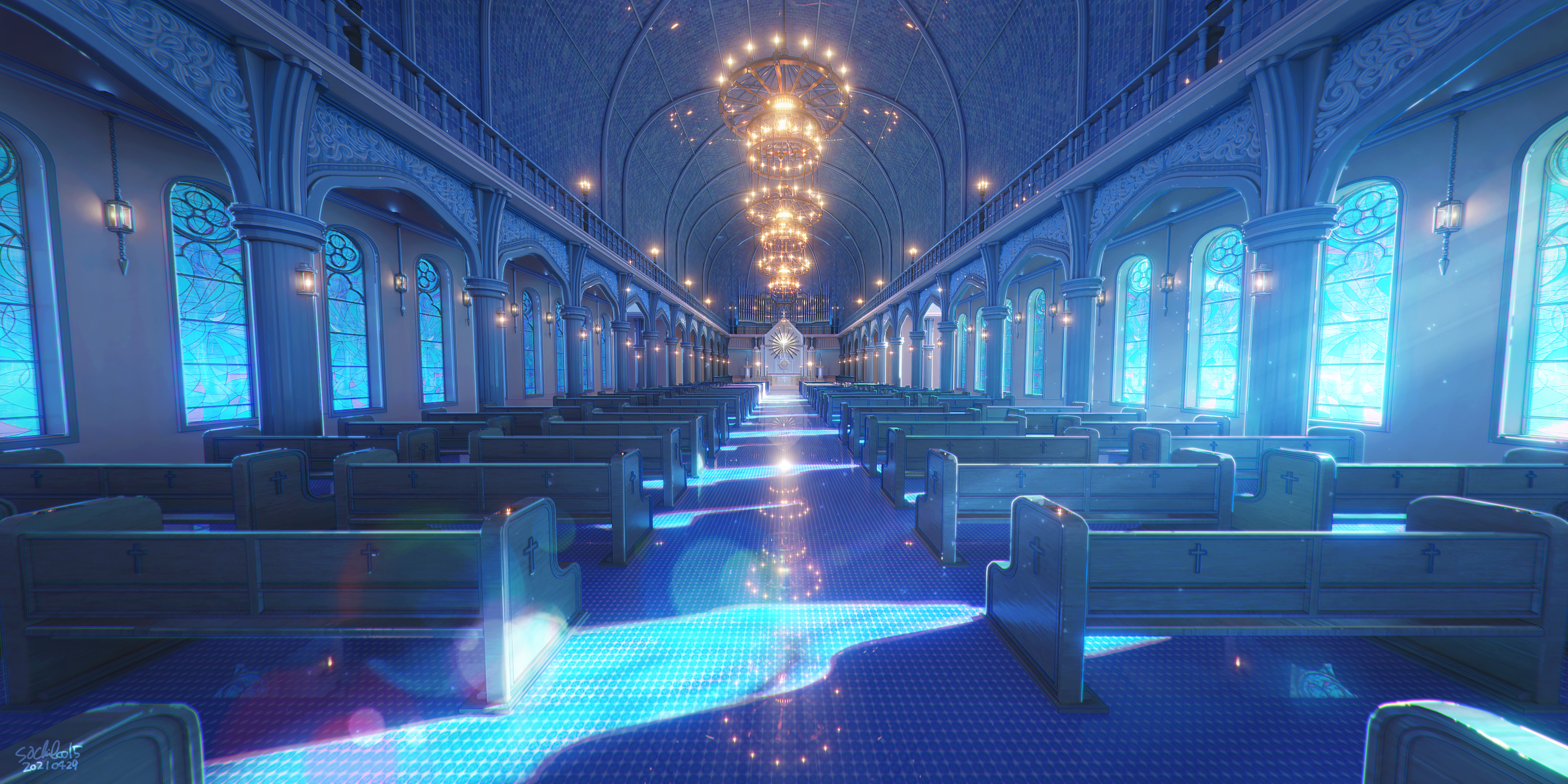 Interior of a grand church with pews and stained glass windows HD Wallpaper