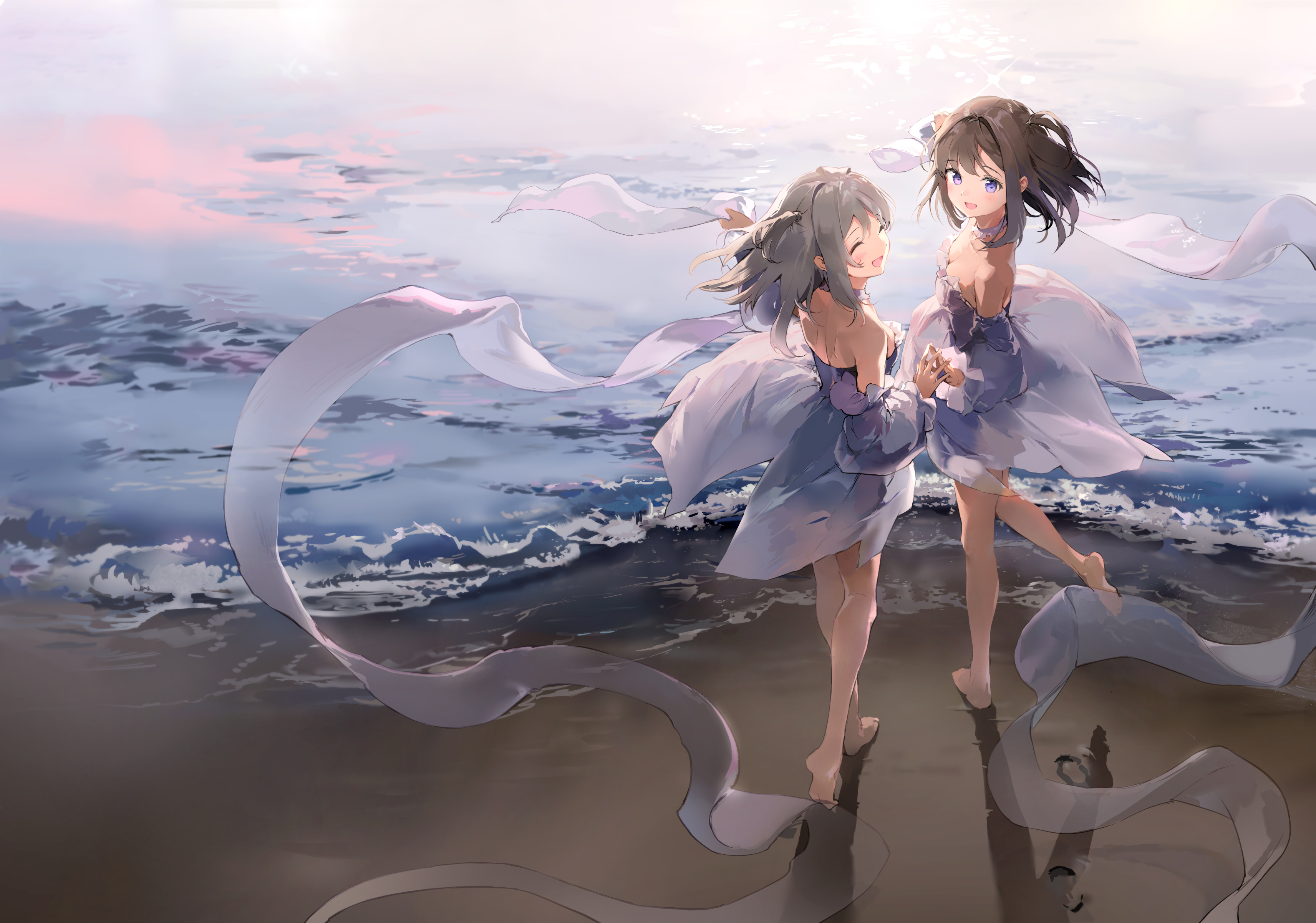 Two girls in dresses by the sea HD Wallpaper