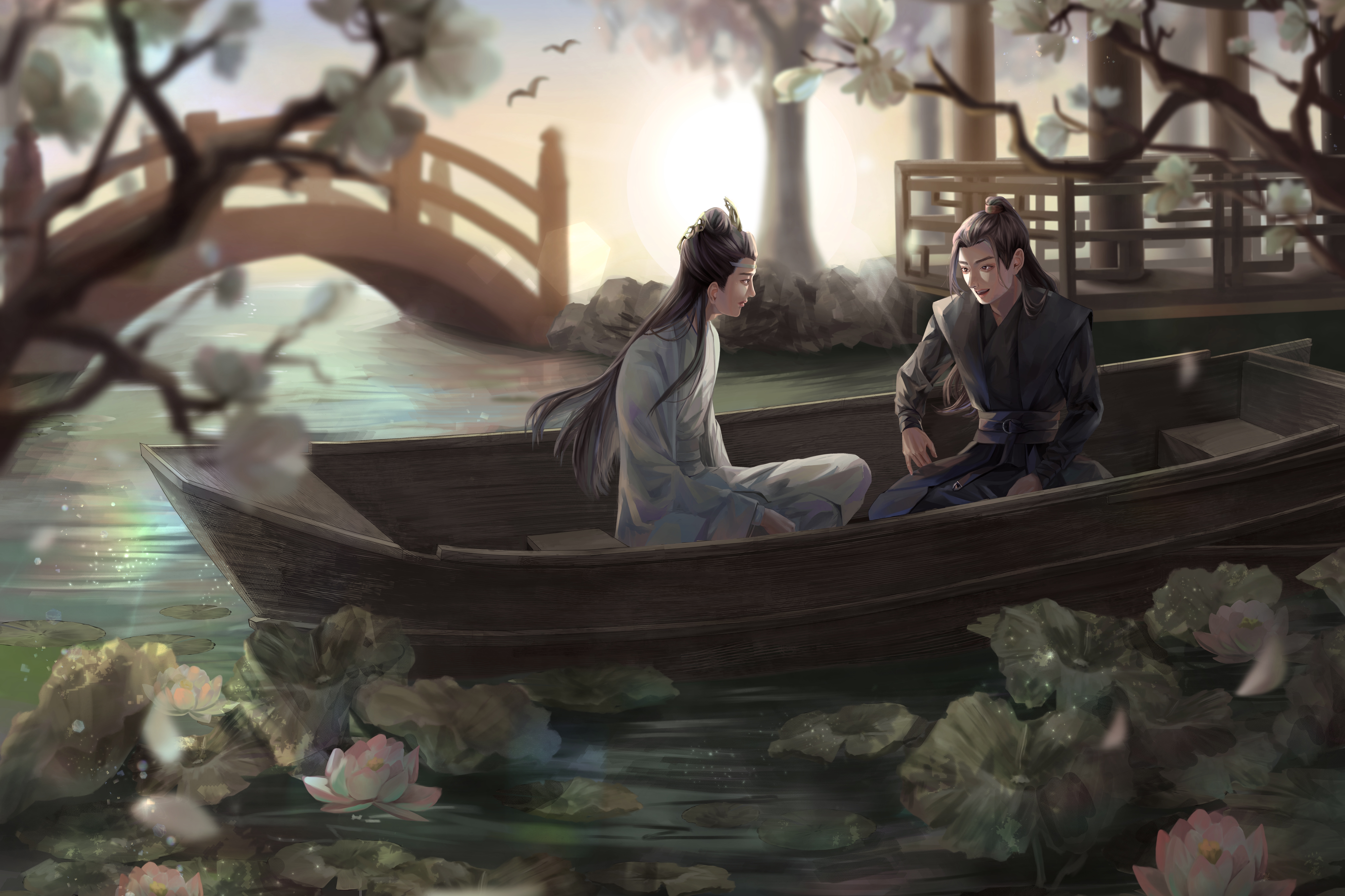 Lan Zhan and Wei Ying in a boat HD Wallpaper