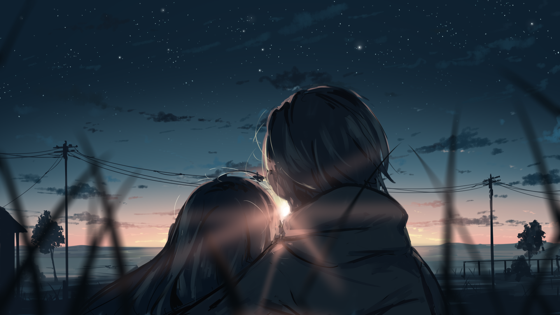 Couple watching the sunset under a starry sky HD Wallpaper