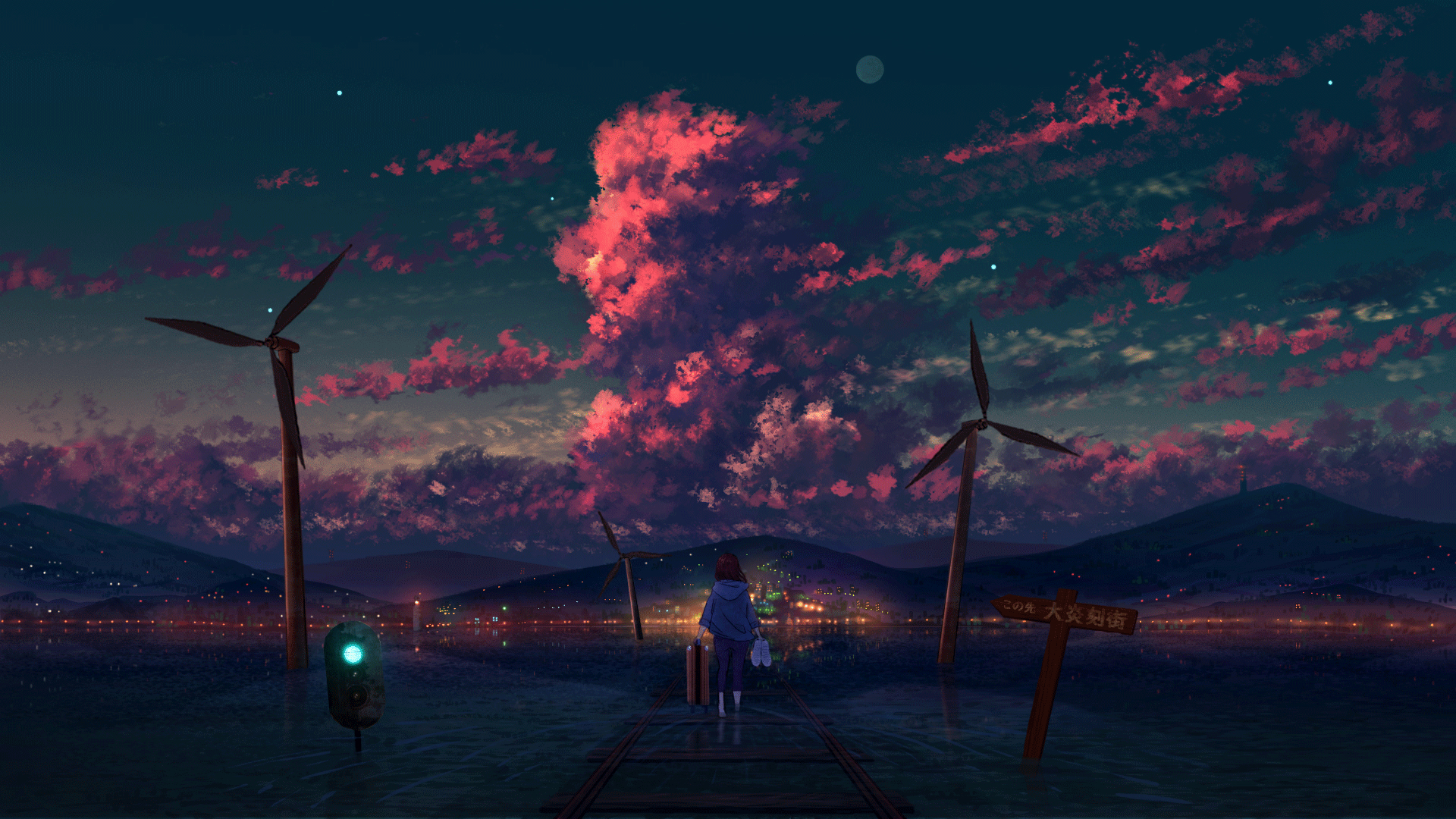 Girl with suitcase on train tracks at sunset with wind turbines HD Wallpaper