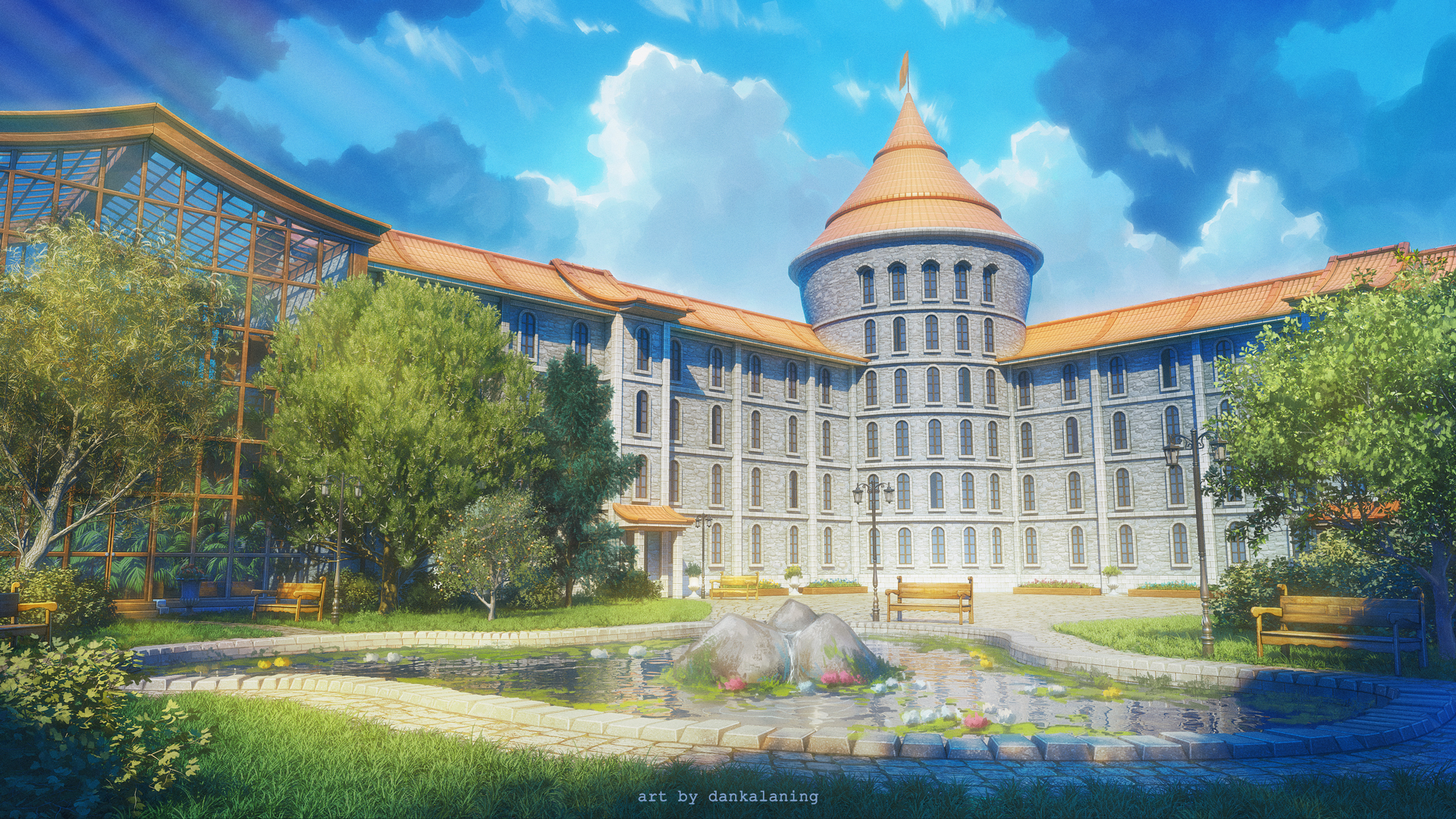 Castle-like building with a pond and garden HD Wallpaper