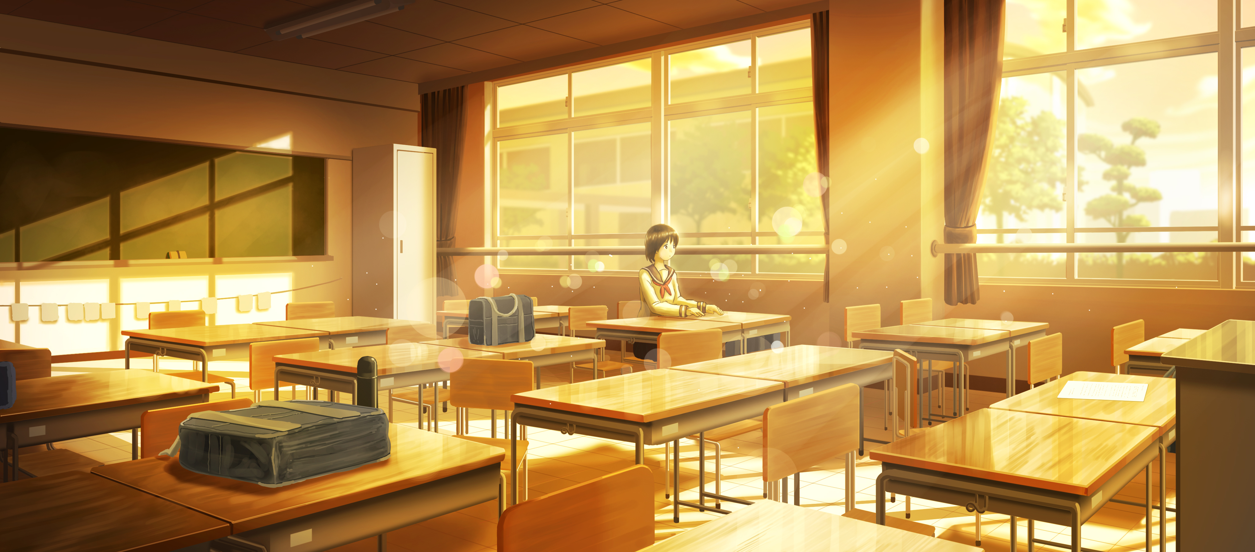 Classroom with a girl sitting at a desk HD Wallpaper